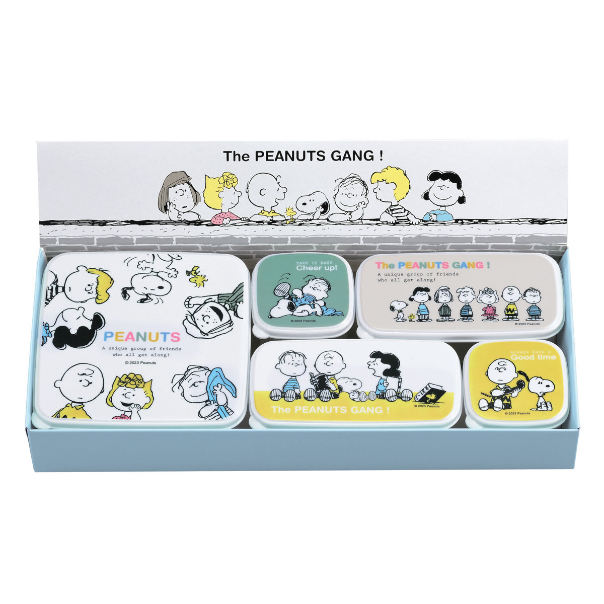 保存容器 ギフトセット スヌーピー シール容器 5個セット （ SNOOPY レンジ対応 保存 容器 ランチボックス 日本製 角型 レンジOK 弁当 お弁当 作り置き 薬味入れ 冷蔵器 デザートケース セット 箱入り 小物入れ 130ｍl 290ml 610ml ）