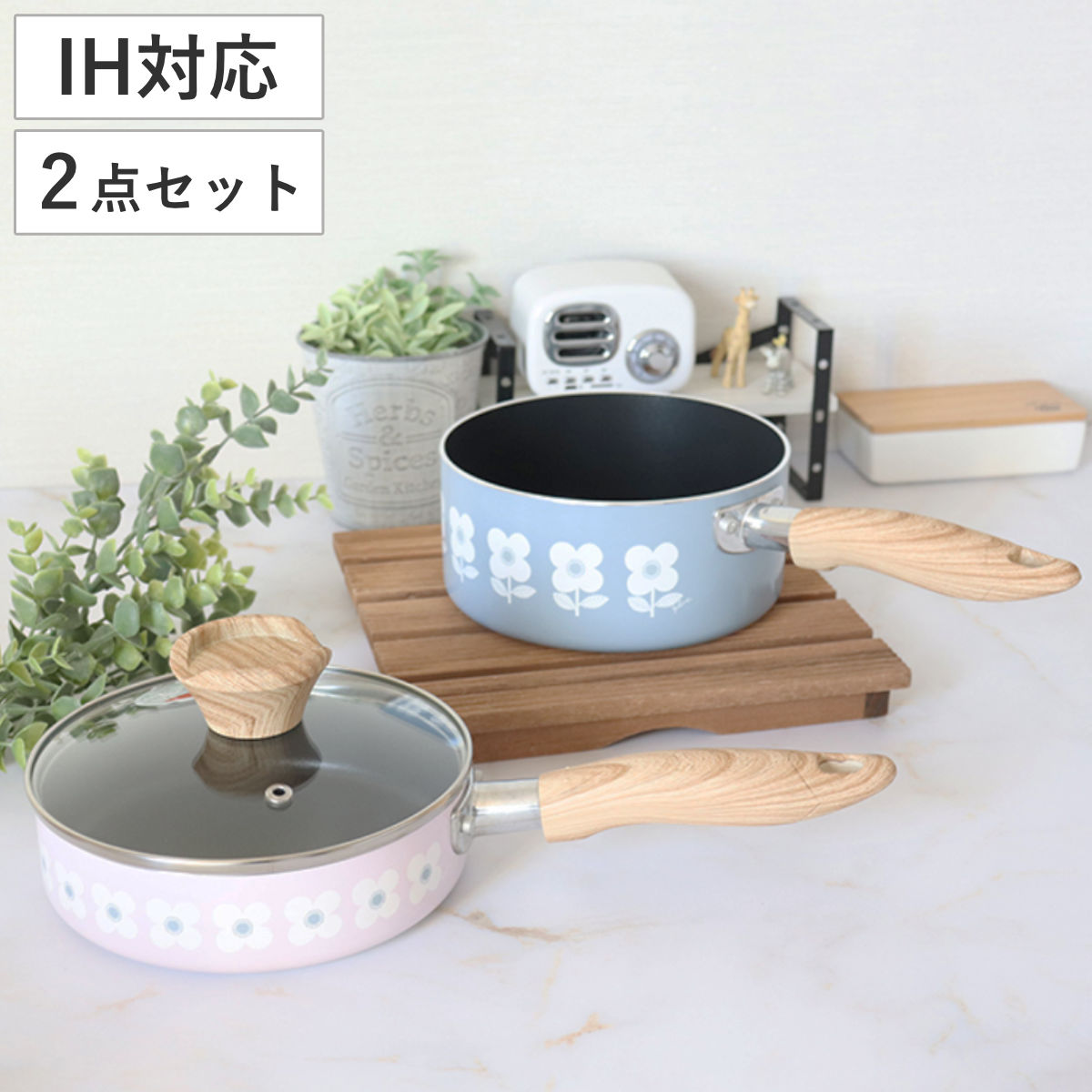 フライパン ソースパン 2点セット 16cm IH対応 Plune. ( ガス火対応 片手鍋 小鍋 コンパクト 鍋 小型 ミニ鍋 アルミ製 ふっ素樹脂加工 ガラス蓋 16センチ 片手なべ ミニ 花柄 小さい 小ぶり テキスタイル 調理用品 セット )
