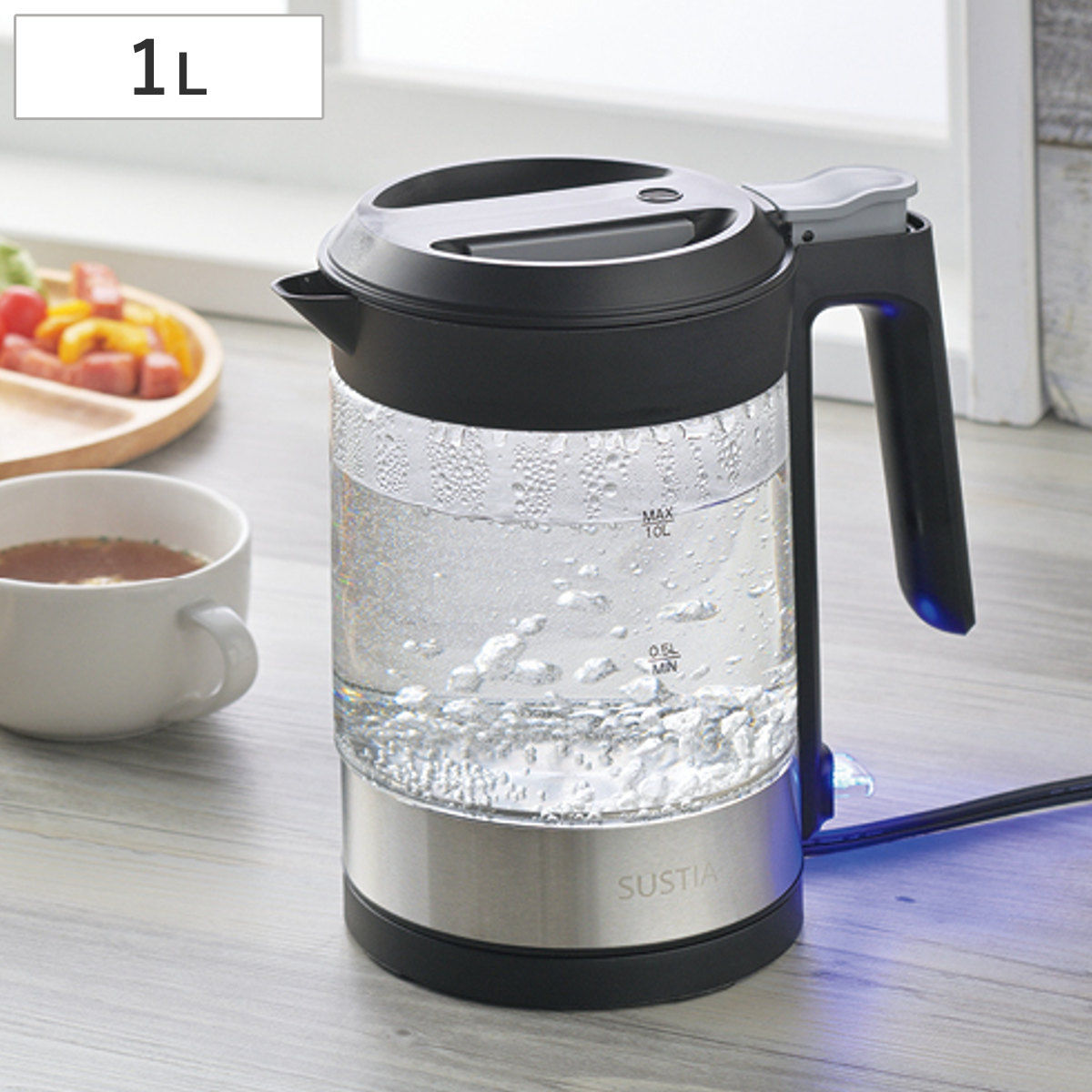 電気ケトル 1L ガラス製 サスティア （ 電気ポット 湯沸かしポット キッチン家電 PSEマーク適合 1リットル 1000ml 透明 クリア ガラス 安全 家電 調理家電 湯沸かし器 おしゃれ ）