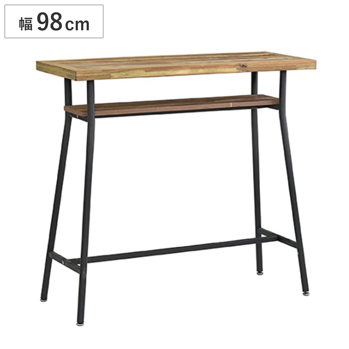 カウンターテーブル 幅98cm ゲンブ スチール脚 （ デスク 机 奥行38cm スリム 収納棚付き キッチンカウンター 木製テーブル 木製 古材調 ヴィンテージ風 天板 メラミン加工 傷 熱 強い アジャスター付き リビングデスク テーブル ）