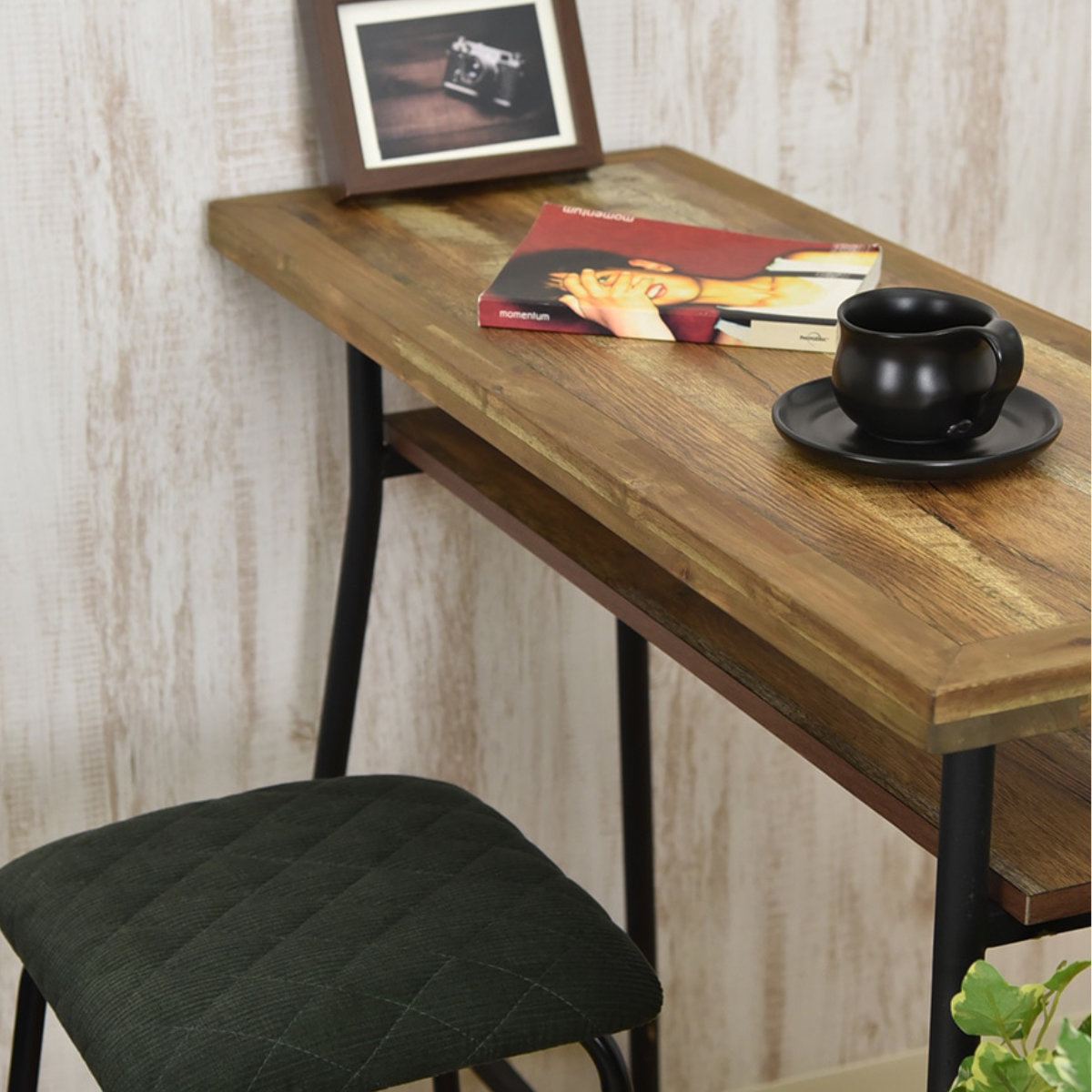 カウンターテーブル 幅98cm ゲンブ スチール脚 ( デスク 机 奥行38cm スリム 収納棚付き キッチンカウンター 木製テーブル 木製 古材調 ヴィンテージ風 天板 メラミン加工 傷 熱 強い アジャスター付き リビングデスク テーブル )