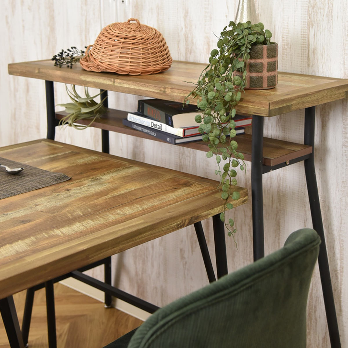 カウンターテーブル 幅98cm ゲンブ スチール脚 ( デスク 机 奥行38cm スリム 収納棚付き キッチンカウンター 木製テーブル 木製 古材調 ヴィンテージ風 天板 メラミン加工 傷 熱 強い アジャスター付き リビングデスク テーブル )