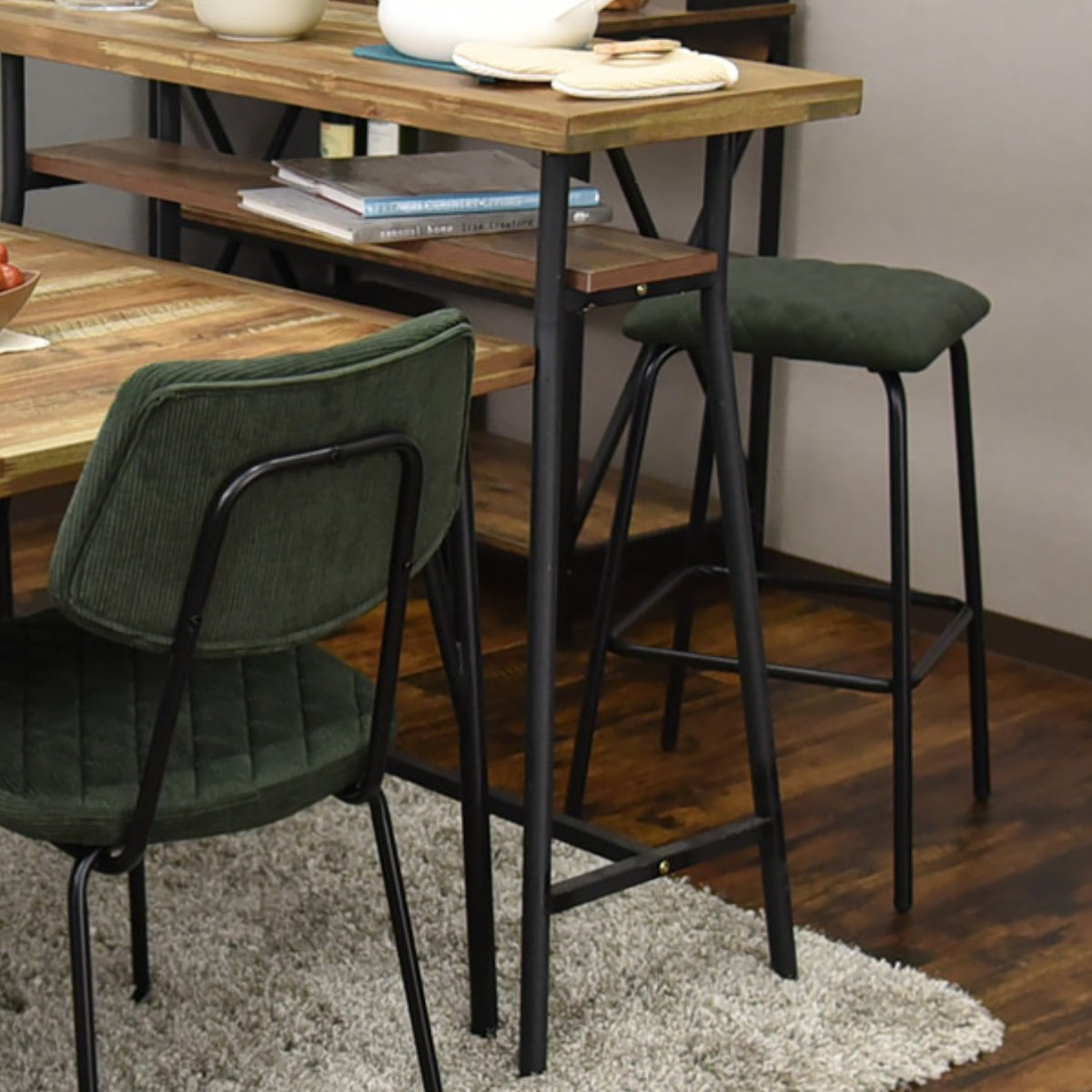 カウンターテーブル 幅98cm ゲンブ スチール脚 ( デスク 机 奥行38cm スリム 収納棚付き キッチンカウンター 木製テーブル 木製 古材調 ヴィンテージ風 天板 メラミン加工 傷 熱 強い アジャスター付き リビングデスク テーブル )