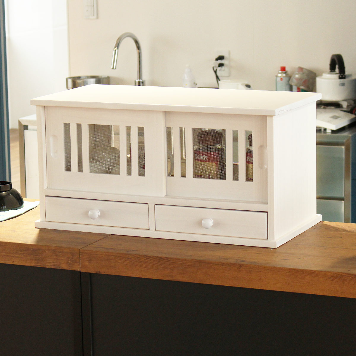 レトロ シェルフ ラック キッチン 台所 収納 棚 蝿帳 引き出し 3杯 木製 1891362.jpg