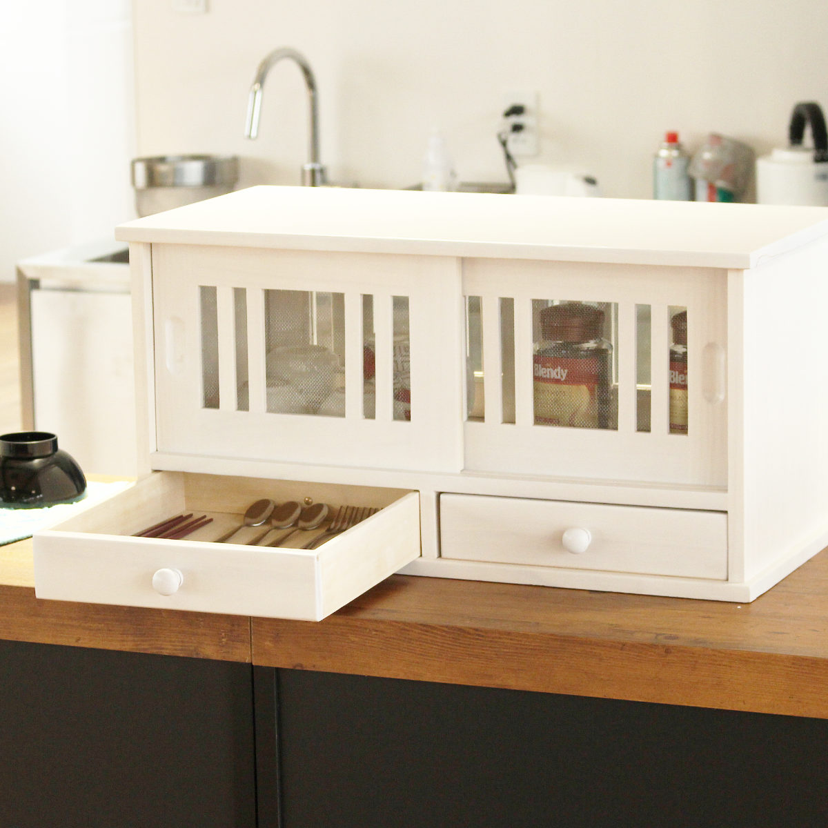 レトロ シェルフ ラック キッチン 台所 収納 棚 蝿帳 引き出し 3杯 木製 dショッピング |カウンターラック 桐製 幅60cm はい帳 両面引き戸