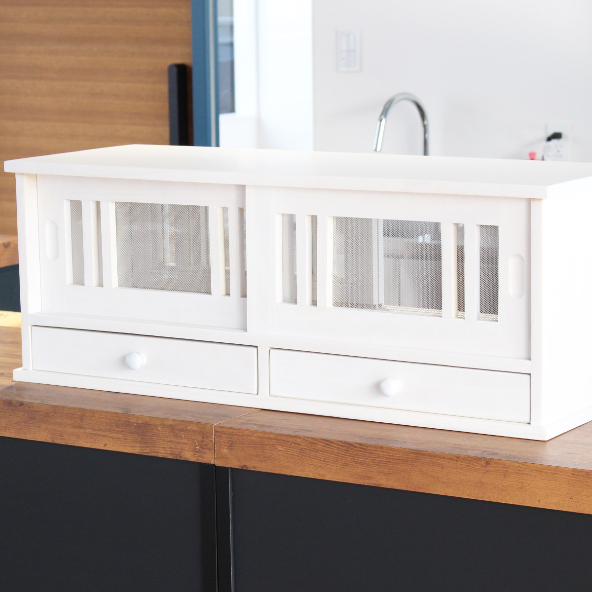 カウンターラック 桐製 幅80cm はい帳 両面引き戸 ( 蠅帳 蝿帳 はいちょう はえちょう カウンター上収納ボックス 引出し 和風 カップボード カトラリーボックス 台所収納 木製 上置き コンパクト スリム ホワイト ブラウン ) 【ホワイト】 ホワイト