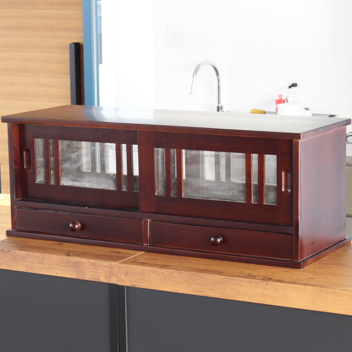 カウンターラック 桐製 幅80cm はい帳 両面引き戸 ( 蠅帳 蝿帳 はいちょう はえちょう カウンター上収納ボックス 引出し 和風 カップボード カトラリーボックス 台所収納 木製 上置き コンパクト スリム ホワイト ブラウン ) 【ホワイト】 ホワイト