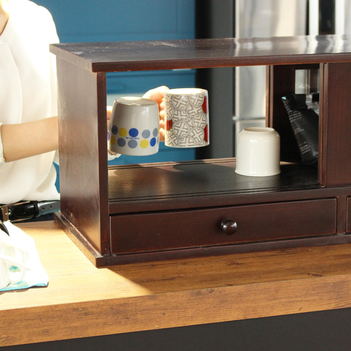 カウンターラック 桐製 幅80cm はい帳 両面引き戸 ( 蠅帳 蝿帳 はいちょう はえちょう カウンター上収納ボックス 引出し 和風 カップボード カトラリーボックス 台所収納 木製 上置き コンパクト スリム ホワイト ブラウン ) 【ホワイト】 ホワイト