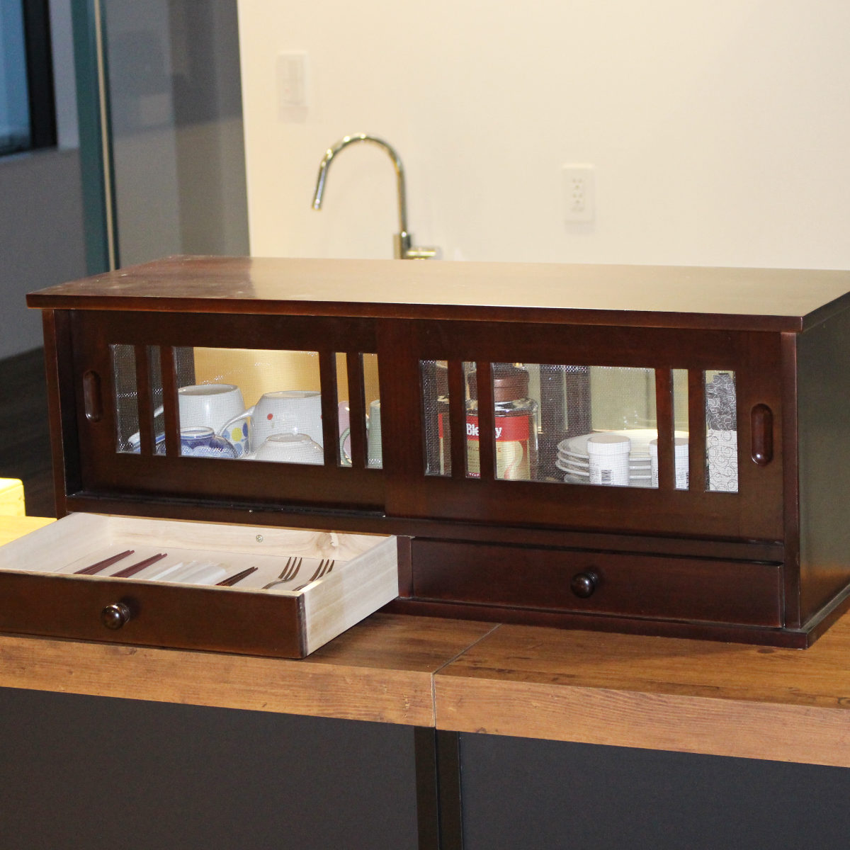 カウンターラック 桐製 幅80cm はい帳 両面引き戸 ( 蠅帳 蝿帳 はいちょう はえちょう カウンター上収納ボックス 引出し 和風 カップボード カトラリーボックス 台所収納 木製 上置き コンパクト スリム ホワイト ブラウン ) 【ホワイト】 ホワイト