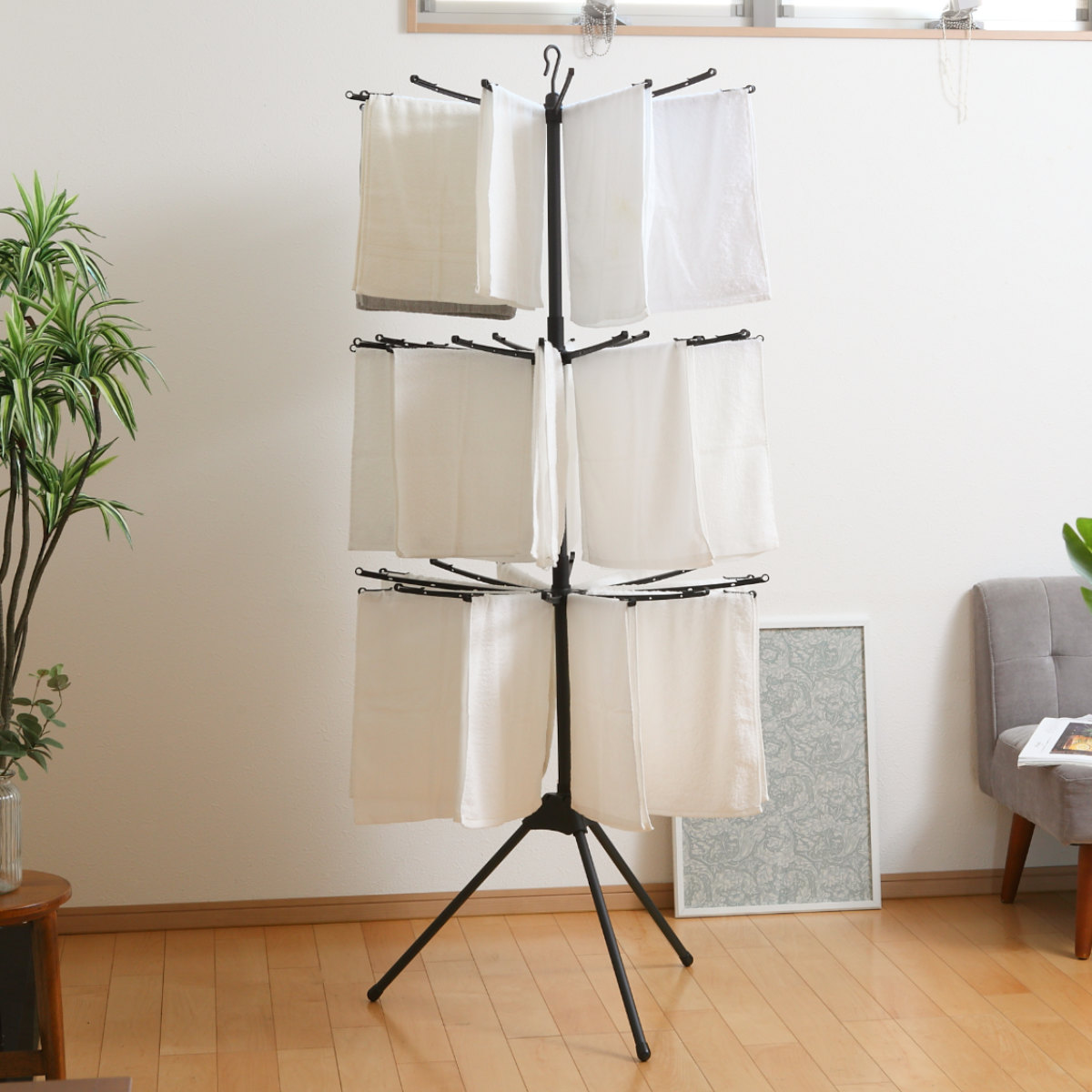 物干し 室内 ブラック ポーリッシュ パラソルスタンド 3段 ( PORISH ハンガー パラソル インテリア物干し 物干しスタンド 洗濯 洗濯ハンガー 2way ランドリー 衣類 フェイスタオル 折り畳み コンパクト )