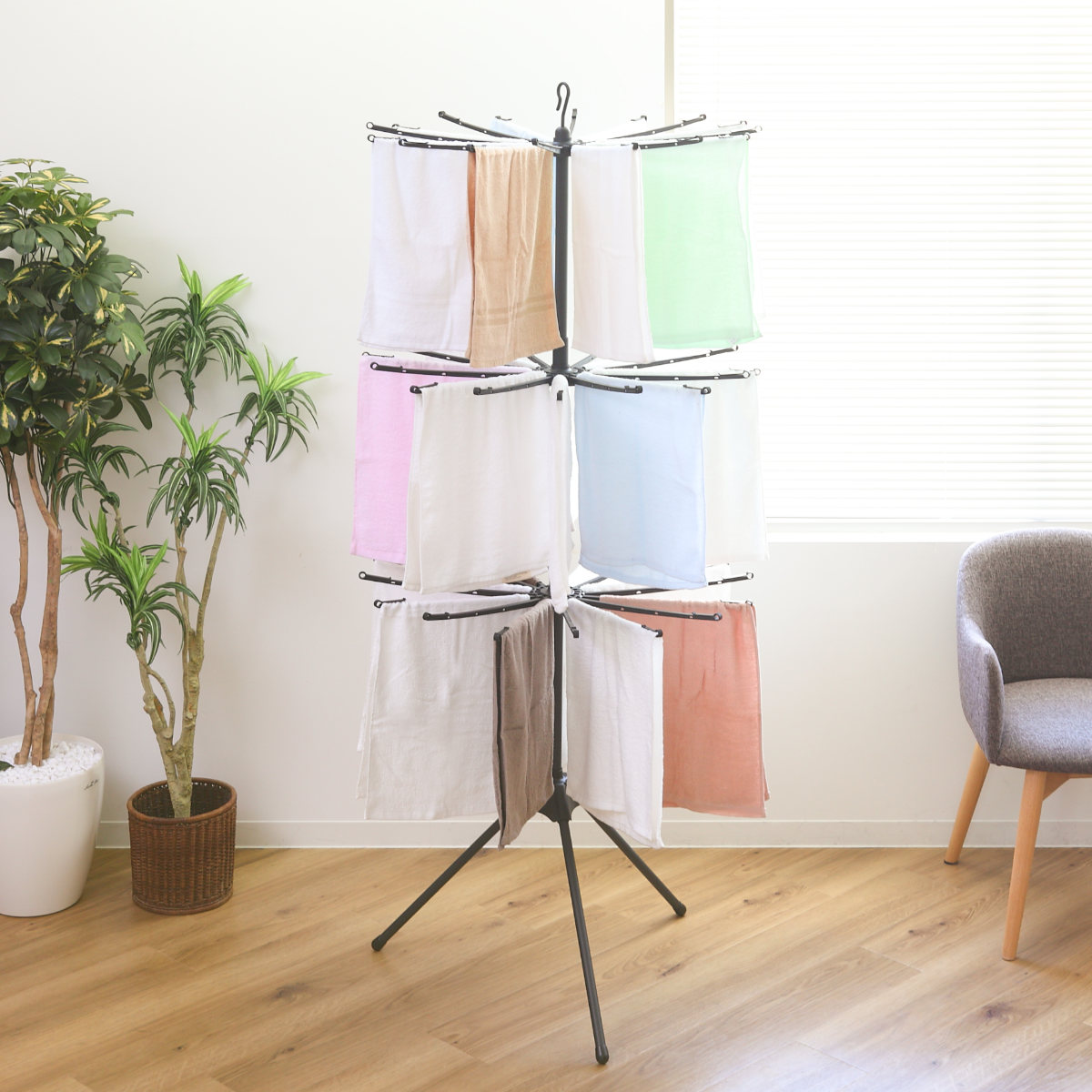 物干し 室内 ブラック ポーリッシュ パラソルスタンド 3段 ( PORISH ハンガー パラソル インテリア物干し 物干しスタンド 洗濯 洗濯ハンガー 2way ランドリー 衣類 フェイスタオル 折り畳み コンパクト )