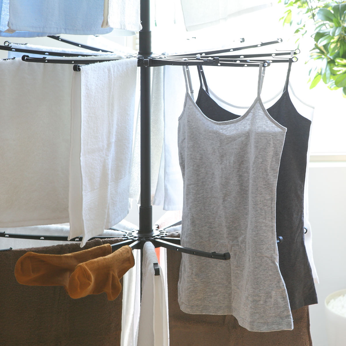 物干し 室内 ブラック ポーリッシュ パラソルスタンド 3段 ( PORISH ハンガー パラソル インテリア物干し 物干しスタンド 洗濯 洗濯ハンガー 2way ランドリー 衣類 フェイスタオル 折り畳み コンパクト )