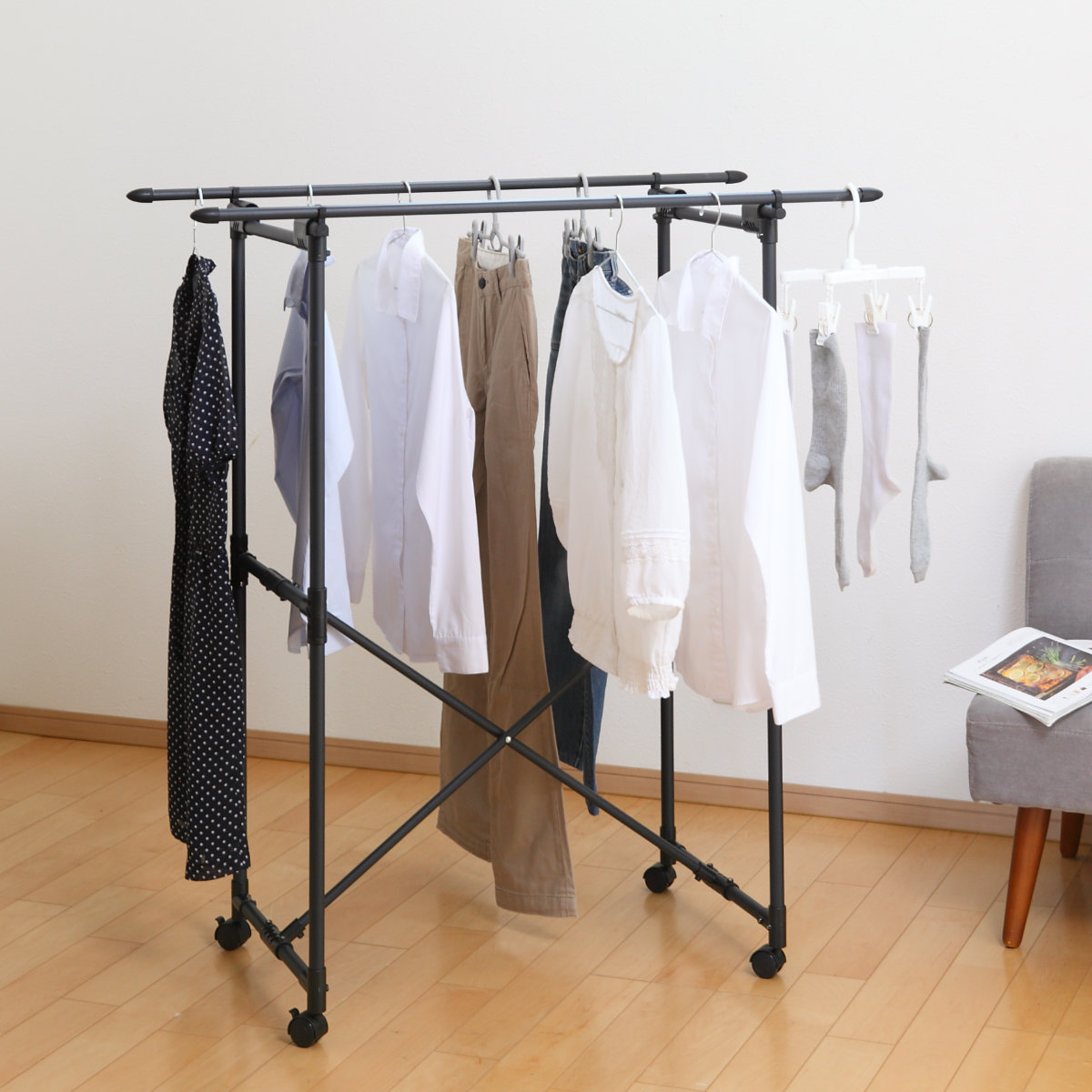 物干し 室内 ブラック コンパクト ポーリッシュ 折り畳み多機能物干し ( PORISH ハンガー インテリア物干し 物干しスタンド 洗濯 ランドリー 衣類 フェイスタオル 折り畳み キャスター付 )
