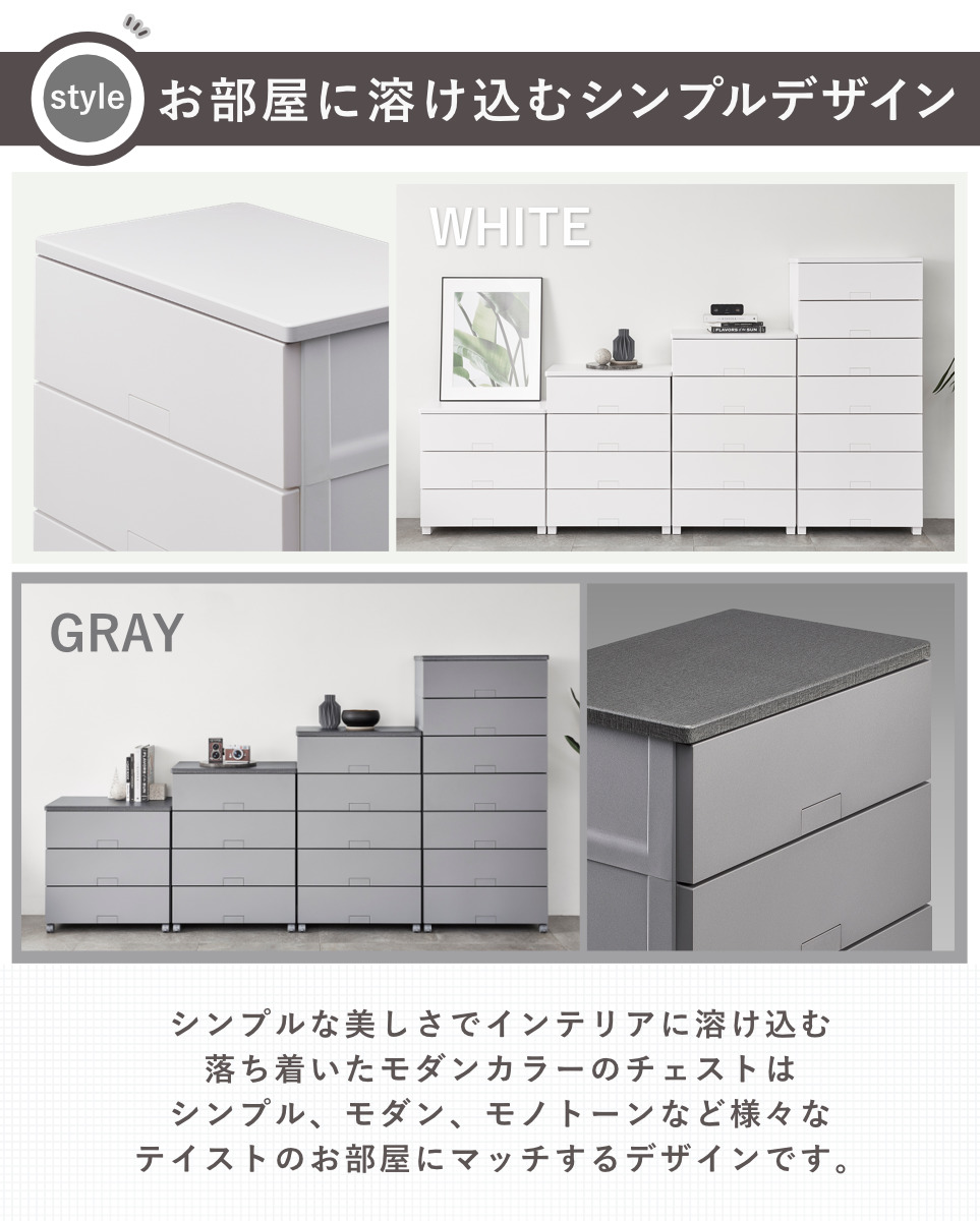 チェスト フィッツチェスト フルフラット 7505 5段 幅75×奥行41×高さ105cm ( タンス 引き出し 収納 衣類収納 完成品 プラスチック 引き出しロック フィッツ 衣装ケース リビング収納 収納ケース 洋タンス ストッパー付き ) 【グレー】 グレー