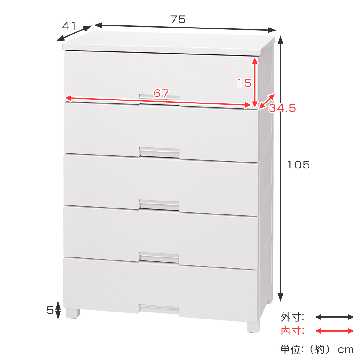 チェスト フィッツチェスト 7505 5段 Fits 幅75×奥行41×高さ105cm ( タンス 引き出し 収納 衣類収納 日本製 完成品 フィッツ プラスチック 引き出しロック 衣装ケース リビング収納 洋タンス 収納ケース 木製天板 ストッパー付き ) 【ホワイト】 ホワイト