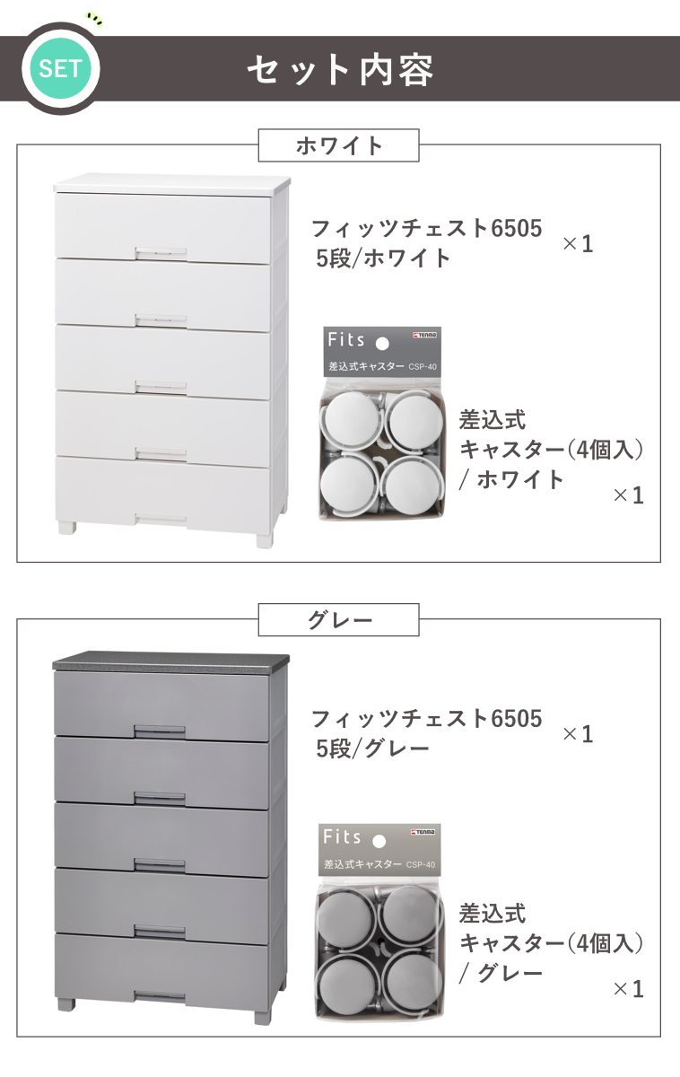 チェスト キャスター付き フィッツチェスト 6505 5段 ( タンス 引き出し 収納 衣類収納 日本製 完成品 フィッツ プラスチック 引き出しロック 衣装ケース リビング収納 洋タンス 収納ケース 木製天板 ) 【ホワイト】 ホワイト