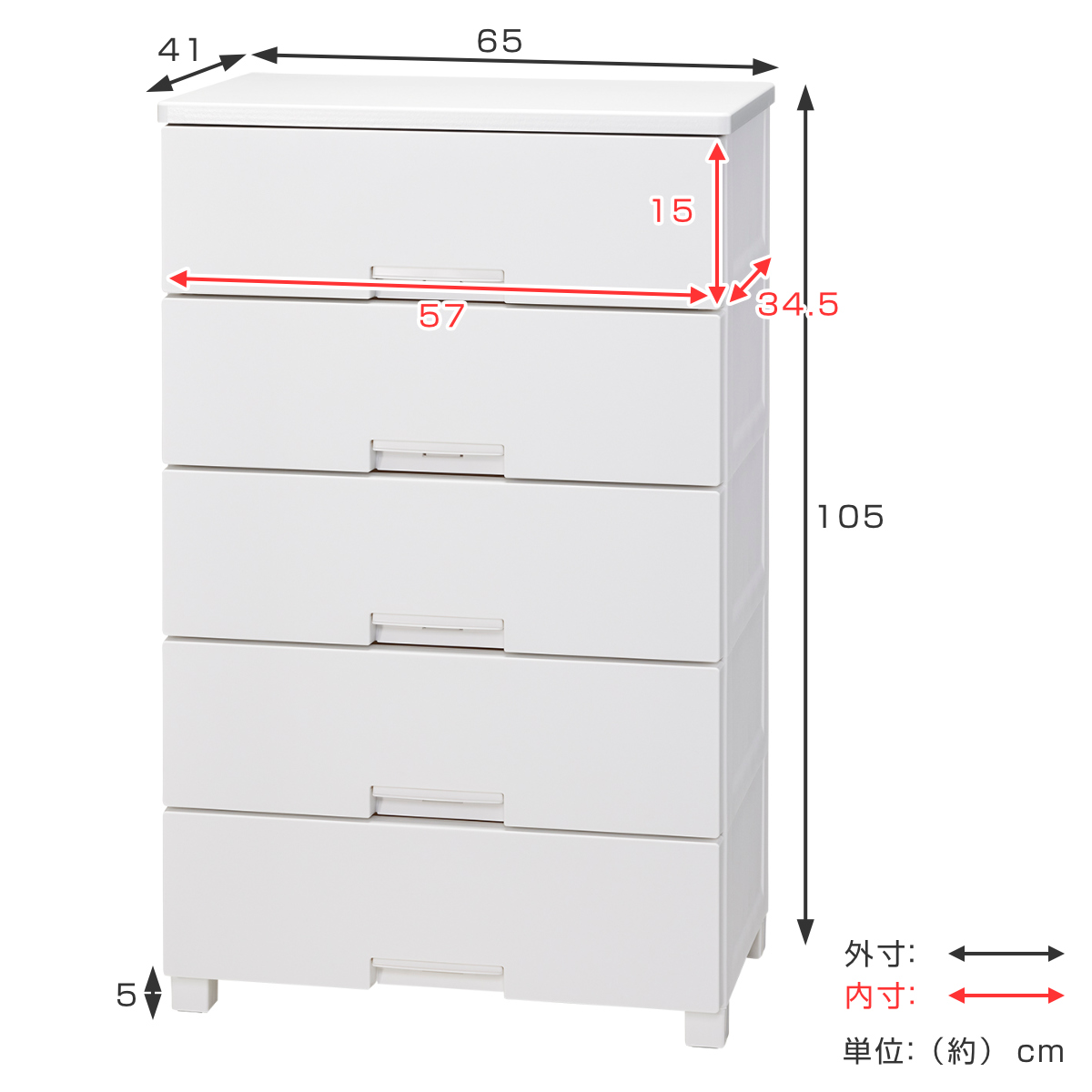 チェスト キャスター付き フィッツチェスト 6505 5段 ( タンス 引き出し 収納 衣類収納 日本製 完成品 フィッツ プラスチック 引き出しロック 衣装ケース リビング収納 洋タンス 収納ケース 木製天板 ) 【ホワイト】 ホワイト