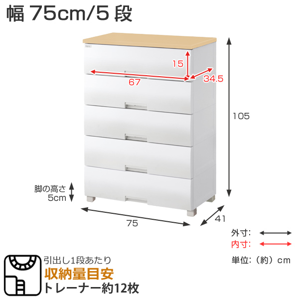 dショッピング |チェスト フィッツプラス 幅75×奥行41×高さ105cm F7505 5段 メープル （ タンス リビング収納 衣類収納 ワイド  プラスチック 引き出し 洋タンス 衣装ケース 収納ケース 背面処理 リビング 収納 日本製 完成品 ） | カテゴリ：チェスト・衣装収納の販売 ...