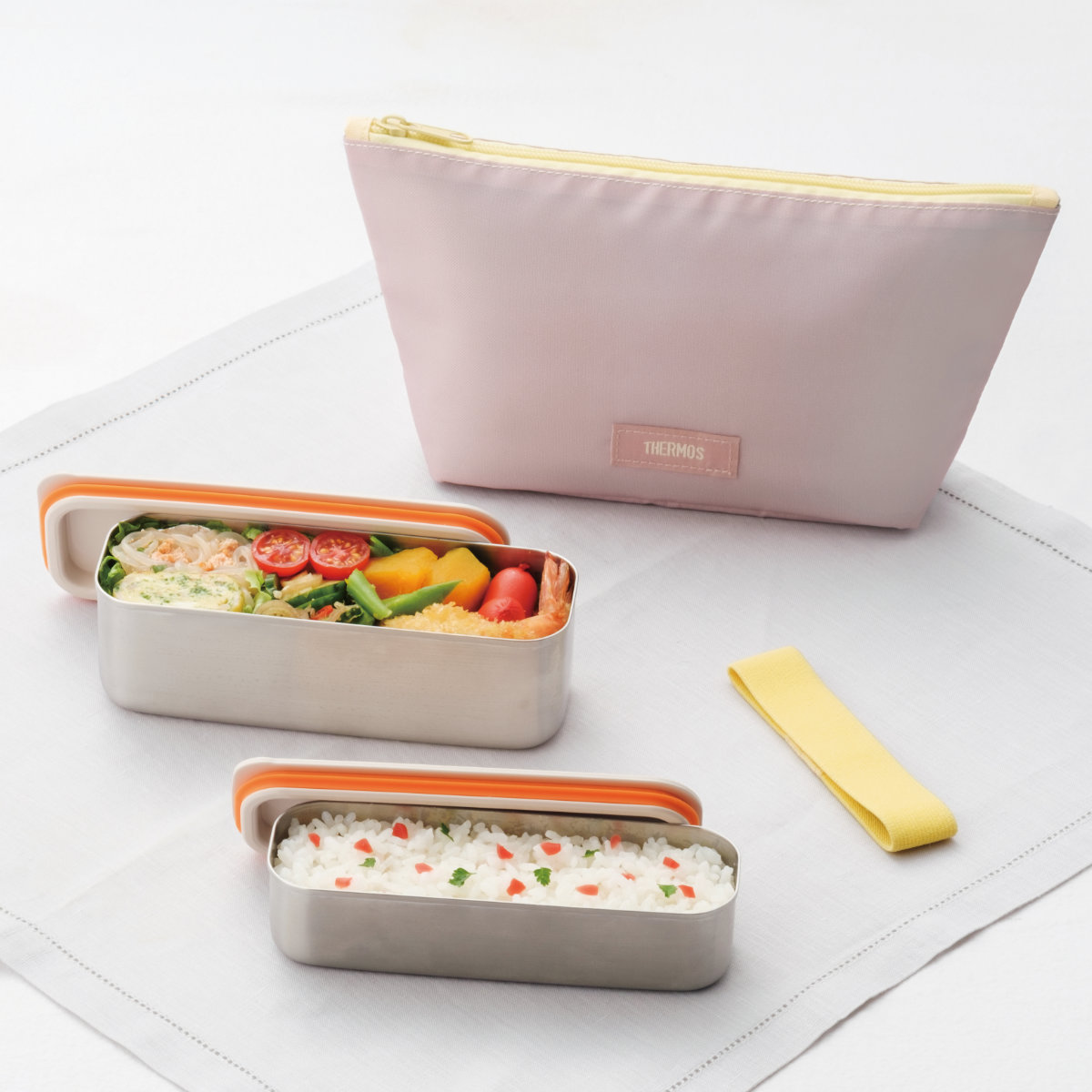 サーモス 弁当箱 2段 635ml フレッシュランチボックス ( THERMOS スリム 食洗機対応 ステンレス ランチボックス 二段 食洗機OK ステンレス製 入れ子式 保冷ケース付き ランチバッグ付き ランチベルト付き ) 【イエローピンク】 イエローピンク