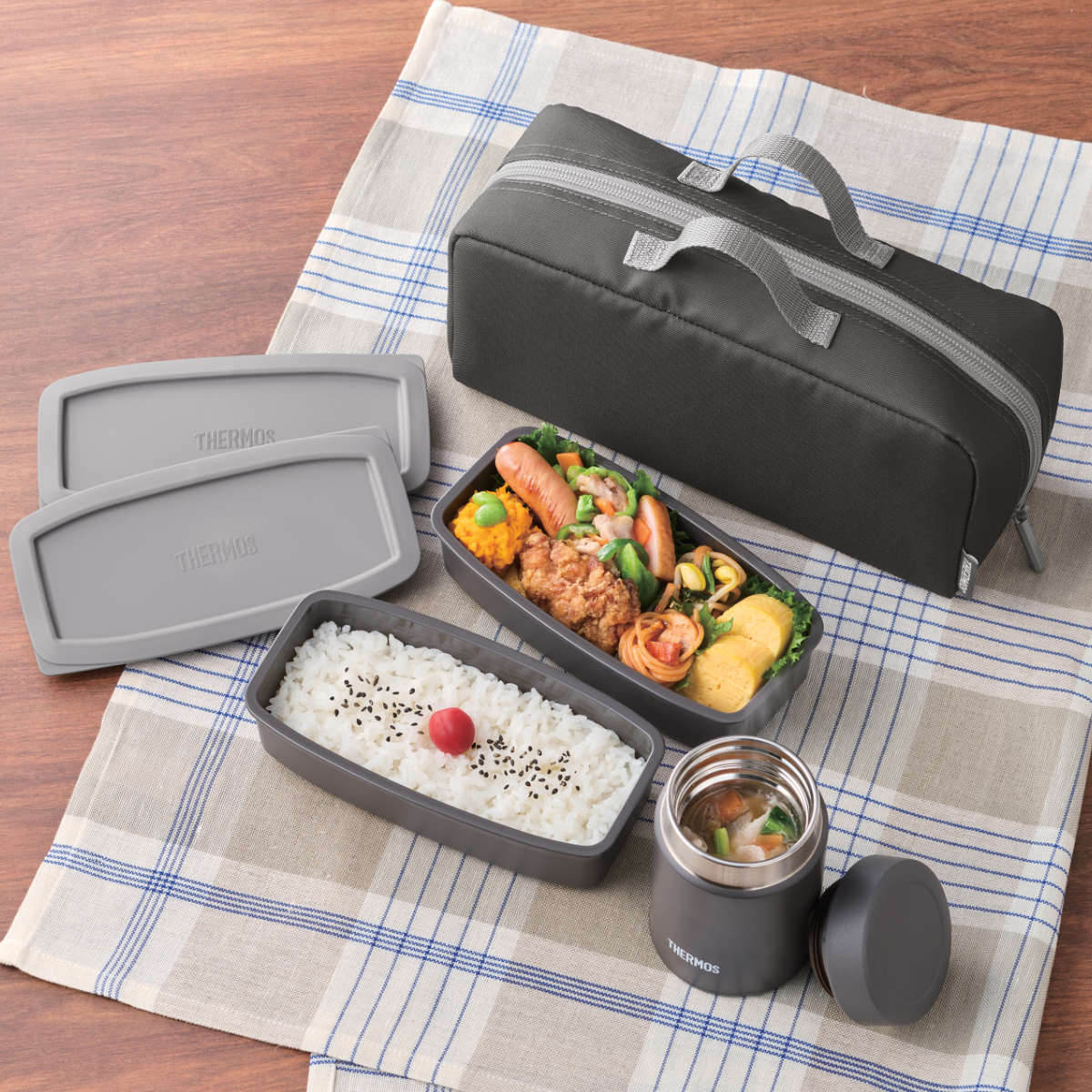 サーモス 弁当箱セット 1L 1000ml 真空断熱スープランチセット JEH-1000 ( THERMOS スープジャー 保温 保冷 ランチボックス 食洗機対応 弁当 スープ お弁当 お弁当箱 ステンレス フードジャー ランチポット レンジ対応 ポーチ付き )