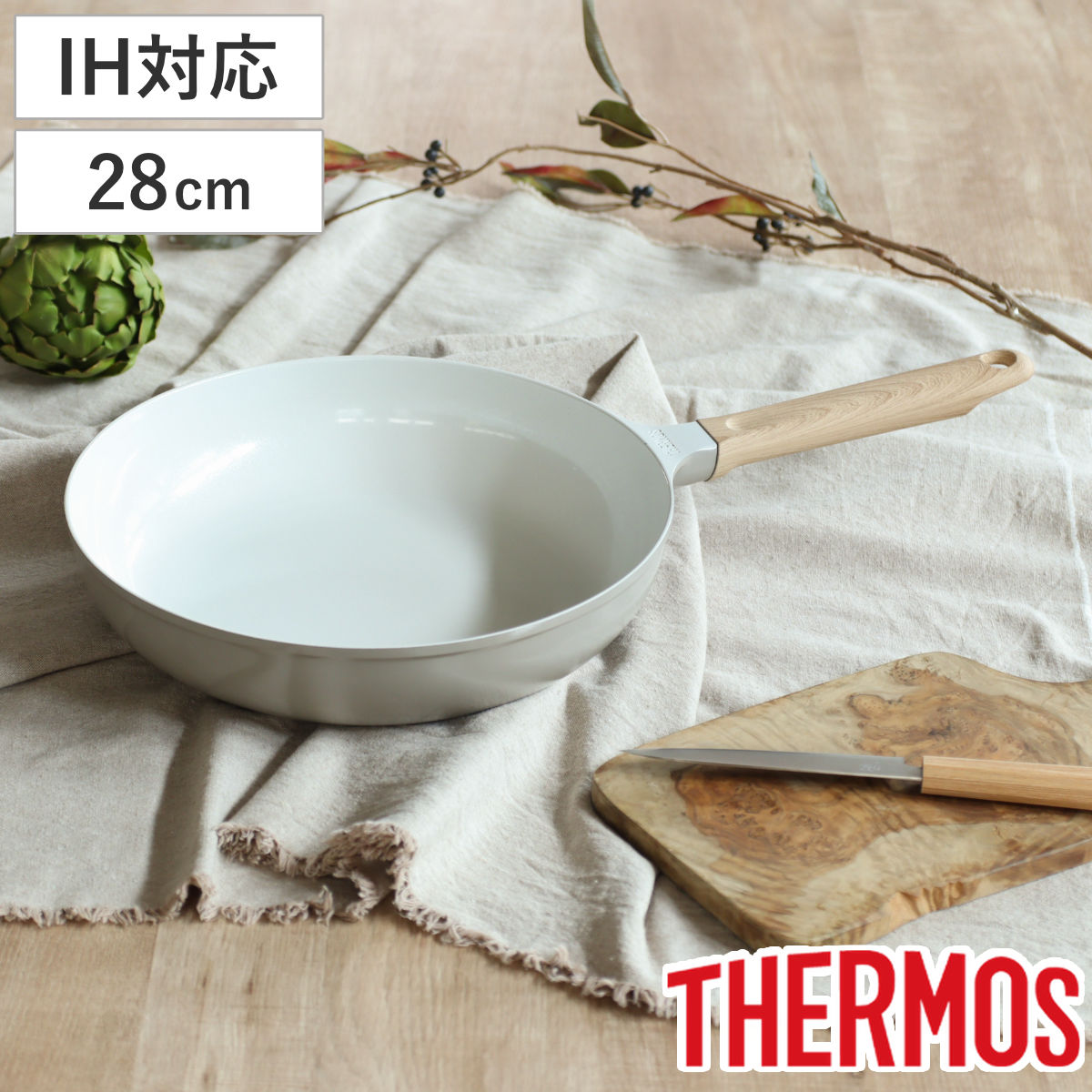 サーモス フライパン 28cm IH対応 セラプロテクト セラミック （ THERMOS ガス火対応 片手鍋 炒め鍋 セラミック加工 軽い 深型 軽量 丈夫 長持ち PFOA＆PFOSフリー セラプロテクトコート グレージュ 木目調ハンドル 大きい ）
