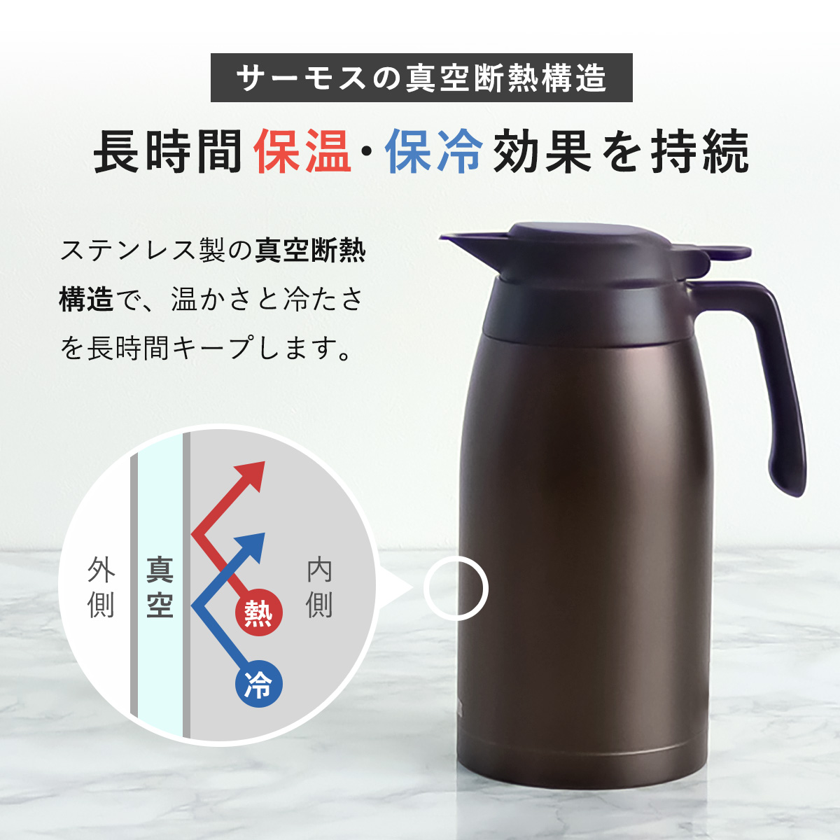 サーモス ポット 2L ステンレスポット ( THERMOS ステンレス 保温 保冷 食洗機対応 卓上ポット ステンレス製 おしゃれ ワンタッチ 魔法びん構造 広口設計 軽量 コンパクト 持ち運び 節約 ) 【ブラウン】 ブラウン