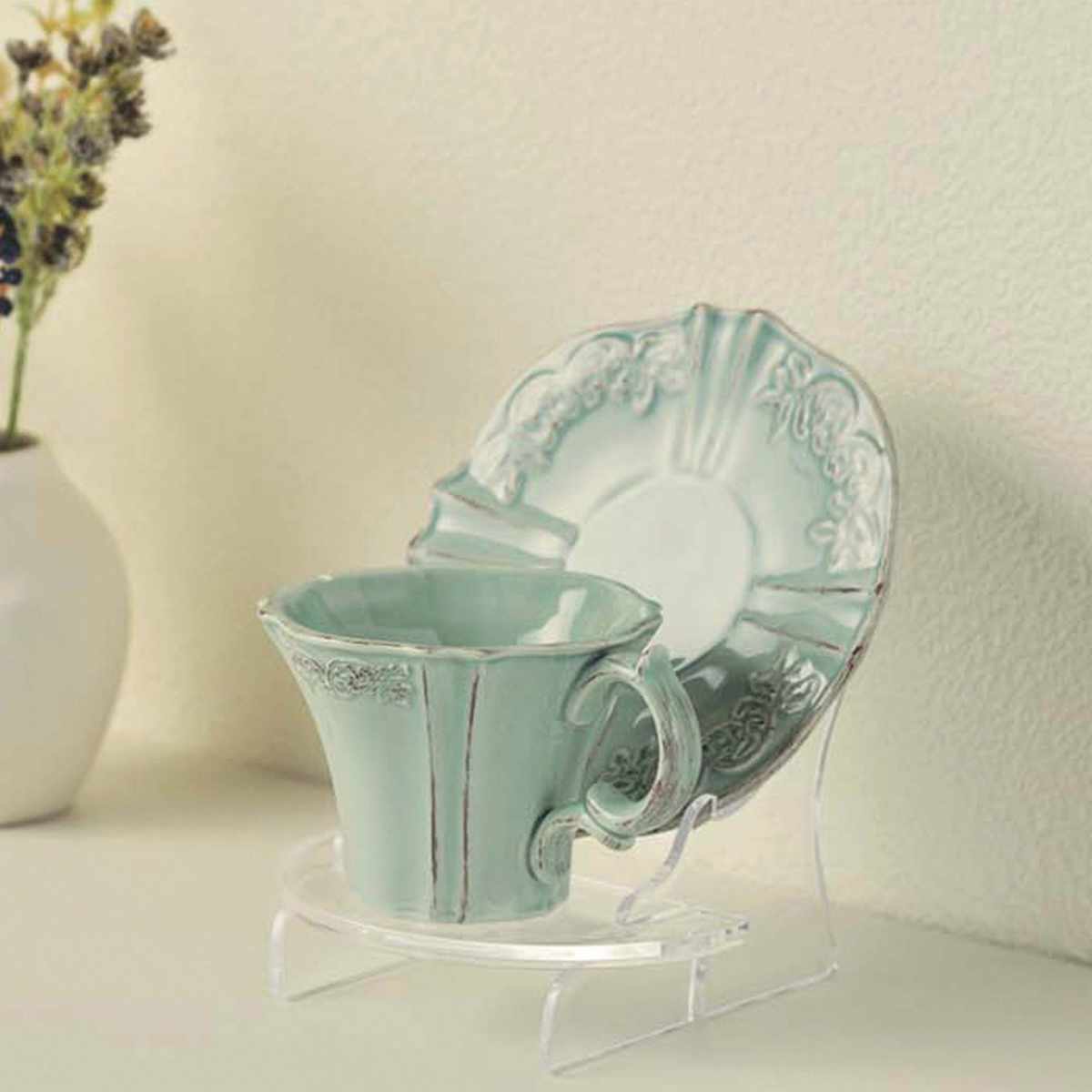 食器スタンド カップ ソーサー スタンド ( カップ&ソーサースタンド ティーカップ コーヒーカップ コレクション お皿 立て 鑑賞 お気に入り プレート 皿 絵 写真 飾る 保管 台 クリア 透明 )