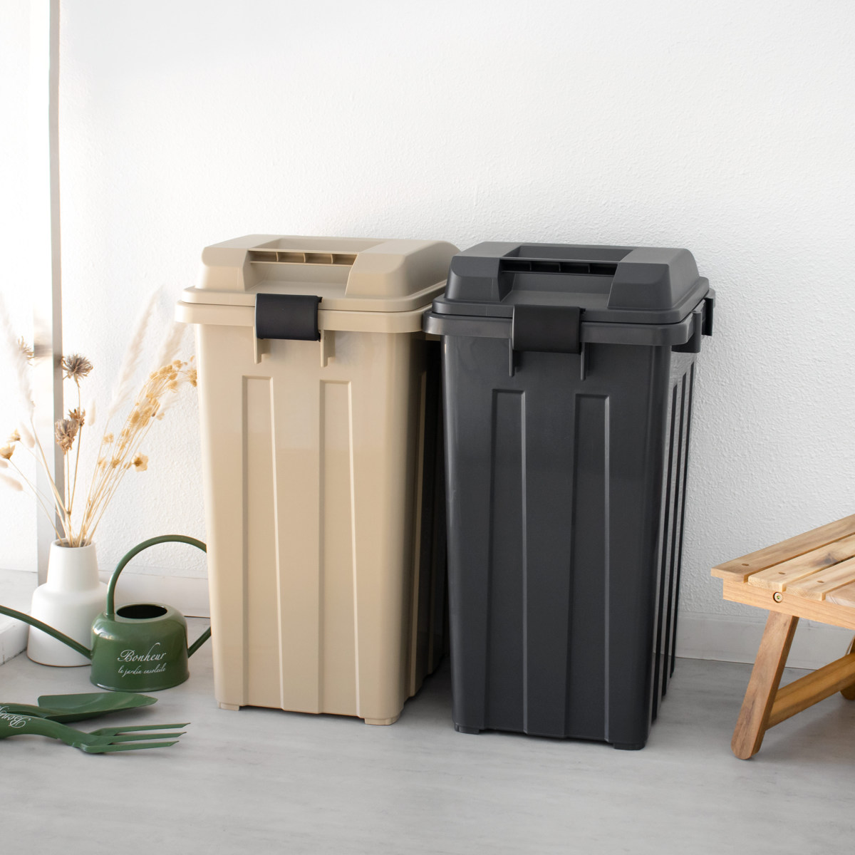 ゴミ箱 45L 同色2個セット 連結ハンドルペール ( ごみ箱 45 屋外 連結 2個 大容量 45リットル ふた付き 分別 外用 収納庫 アースカラー 屋外用ゴミ箱 カラス対策 連結可能 おしゃれ ) 【ベージュ】 ベージュ