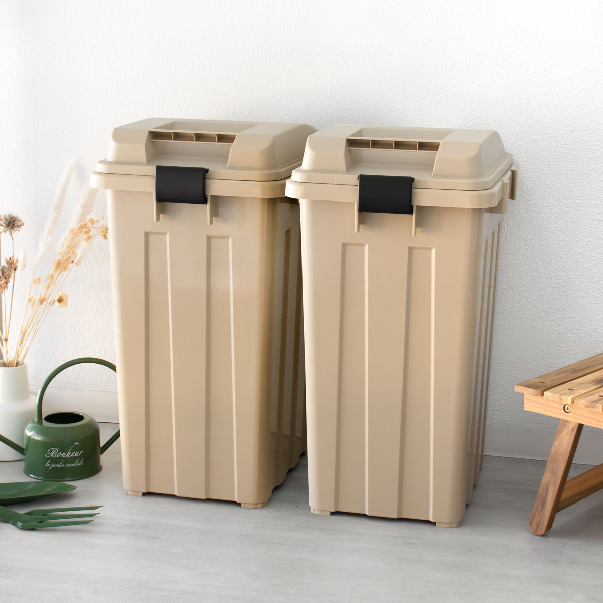ゴミ箱 45L 同色2個セット 連結ハンドルペール ( ごみ箱 45 屋外 連結 2個 大容量 45リットル ふた付き 分別 外用 収納庫 アースカラー 屋外用ゴミ箱 カラス対策 連結可能 おしゃれ ) 【ベージュ】 ベージュ