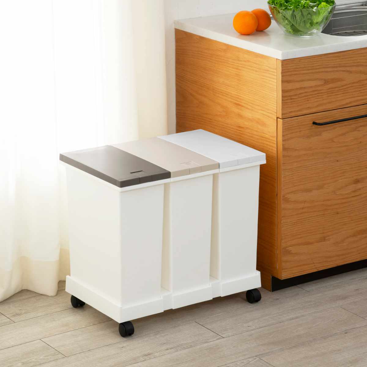 ゴミ箱 台座付タッチペール 3個セット 分別 ( ごみ箱 20L×3個 3分別 ワンタッチ 台座 ふた付き キッチン 角型 シンプル 可燃ゴミ ペットボトル 缶 ぶんべつ キャスター付き 袋止め付き )