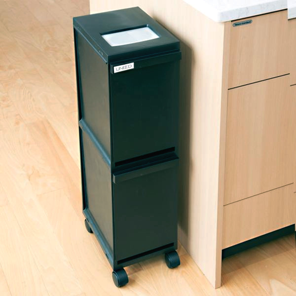 ゴミ箱 分別 20L 2段 ユニード スリムペール ( ごみ箱 ダストボックス 20リットル キッチン ふた付き 2分別 省スペース 大容量 スリム キャスター付き 分別ゴミ箱 縦型 コンパクト プッシュ式 多段 隙間 収納ワゴン キッチン収納 ) 【ブラック】 ブラック