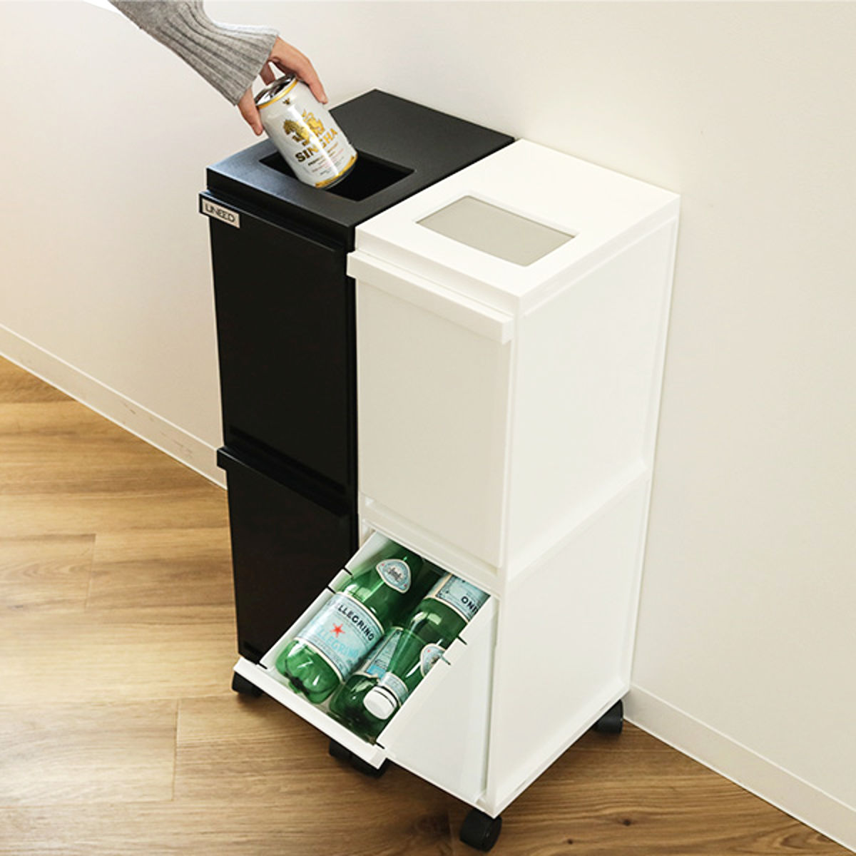 ゴミ箱 分別 20L 2段 ユニード スリムペール ( ごみ箱 ダストボックス 20リットル キッチン ふた付き 2分別 省スペース 大容量 スリム キャスター付き 分別ゴミ箱 縦型 コンパクト プッシュ式 多段 隙間 収納ワゴン キッチン収納 ) 【ブラック】 ブラック