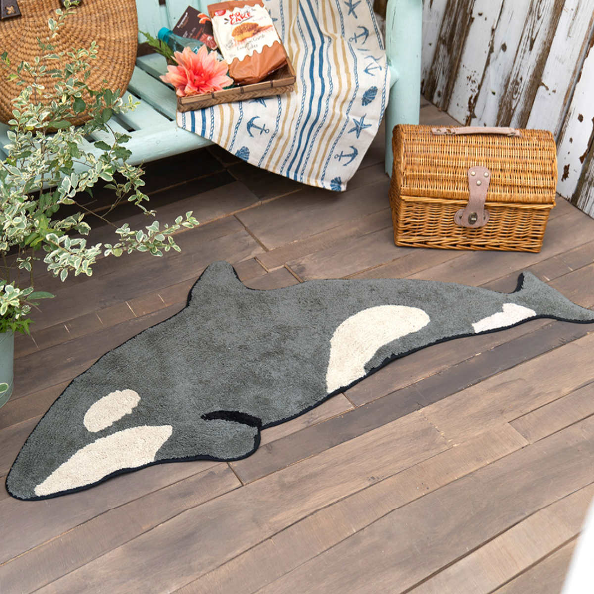 玄関マット 50×120cm 室内 ロング ( 玄関 マット アクセントマット 屋内 洗える 手洗い インド綿 シャチ イルカ クジラ かわいい 海 インテリア 海の生き物 サーフ 水族館 コットン おしゃれ ) 【シャチ】 シャチ