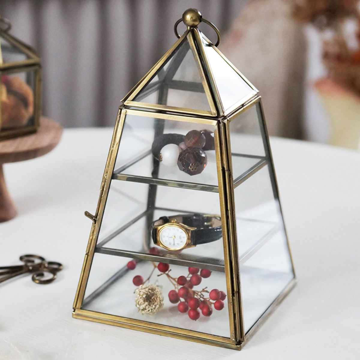 小物入れ モロッカン ガラス3段コレクションBOX ハウス 幅12×奥行12×高さ20cm ( 収納 コレクションケース アンティーク風 ディスプレイ アクセサリー収納 アクセサリーケース アクセサリー 小物ケース アクセサリー入れ 置き物 )