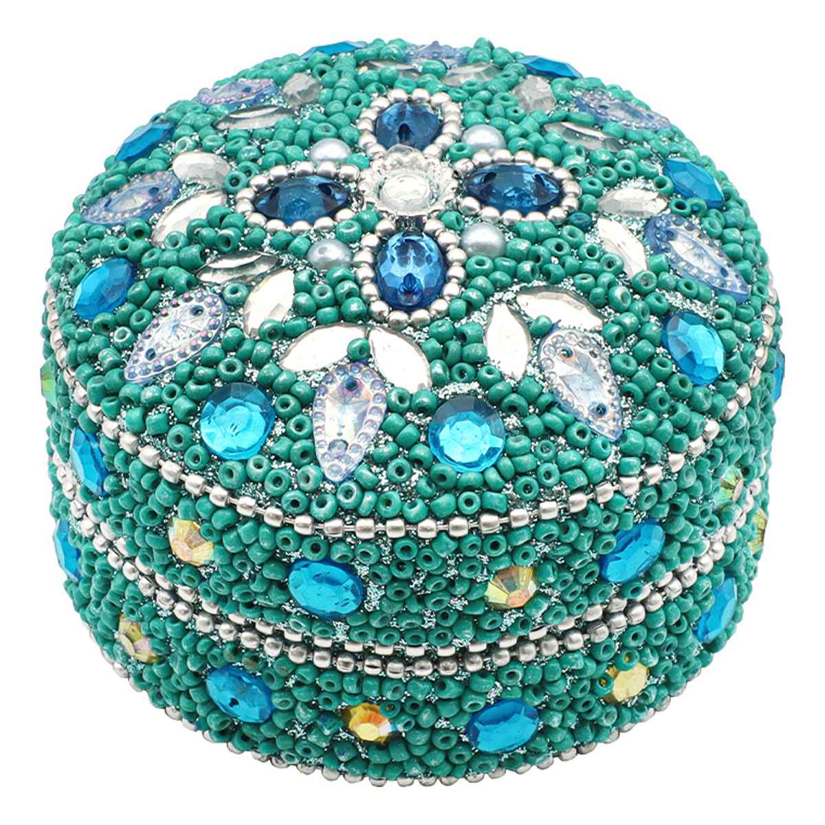 小物入れ ビーズラウンドボックス ふた付き 幅7.5×奥行7.5×高さ4.5cm ( 収納 収納ボックス ジュエリー アクセサリー ケース コンパクト アジアン雑貨 収納ケース アクセサリー収納 ディスプレイケース ビーズ 宝石箱 キラキラ ) 【ブルー】 ブルー