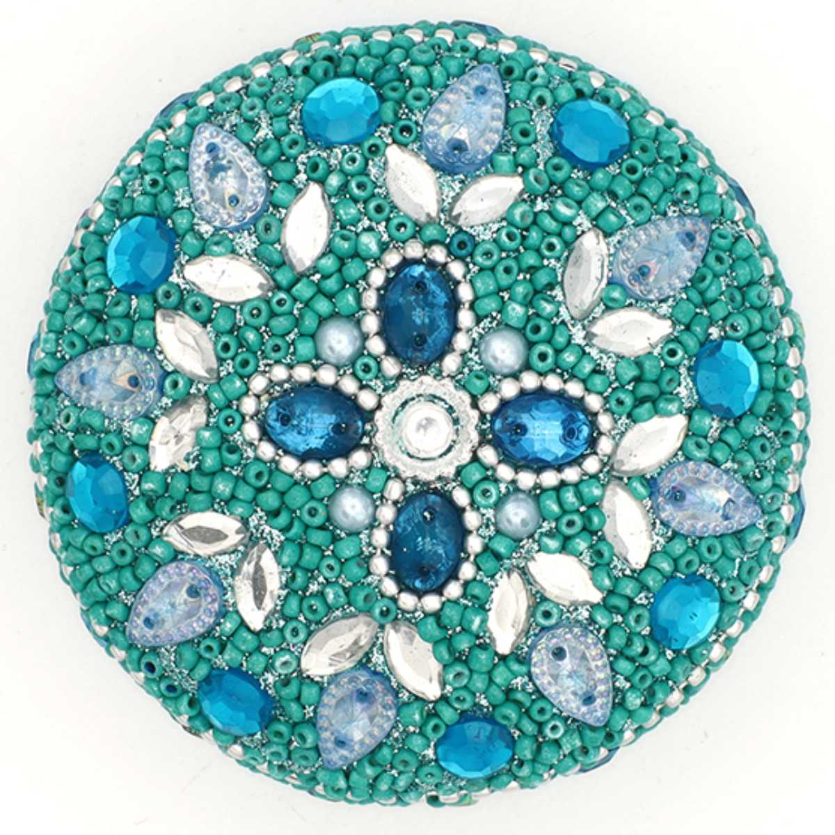 小物入れ ビーズラウンドボックス ふた付き 幅7.5×奥行7.5×高さ4.5cm ( 収納 収納ボックス ジュエリー アクセサリー ケース コンパクト アジアン雑貨 収納ケース アクセサリー収納 ディスプレイケース ビーズ 宝石箱 キラキラ ) 【ブルー】 ブルー