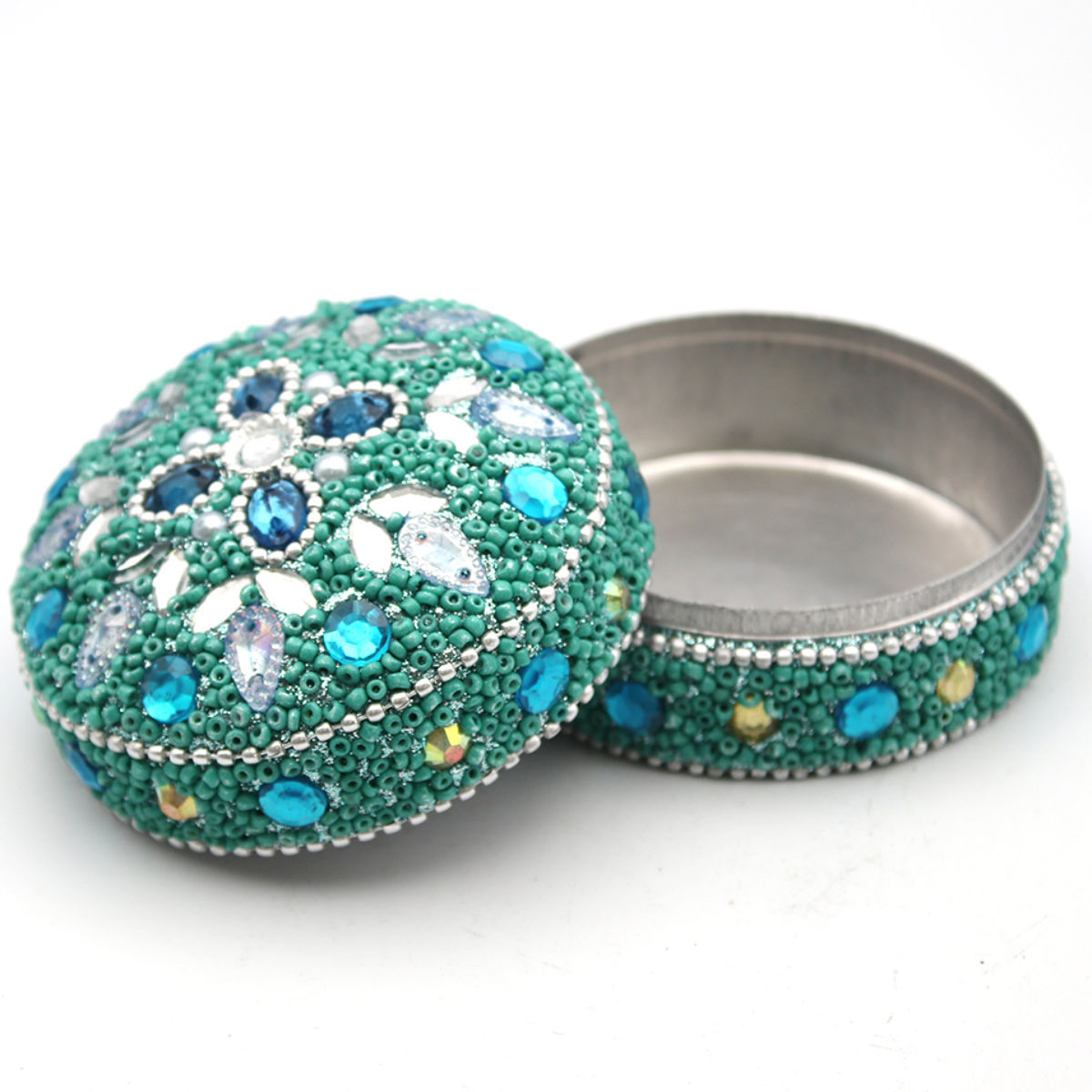 小物入れ ビーズラウンドボックス ふた付き 幅7.5×奥行7.5×高さ4.5cm ( 収納 収納ボックス ジュエリー アクセサリー ケース コンパクト アジアン雑貨 収納ケース アクセサリー収納 ディスプレイケース ビーズ 宝石箱 キラキラ ) 【ブルー】 ブルー