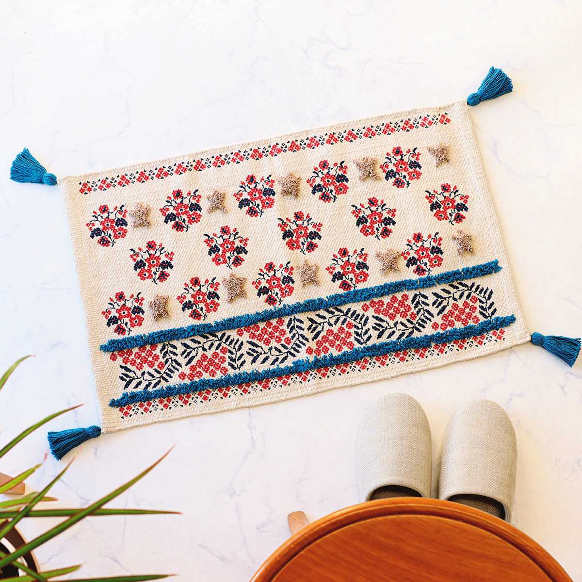 玄関マット プリント&タフトマット 40×60 屋内 ( 室内 猫 玄関 マット 花柄 ドアマット 綿 フリンジ付き 幅60cm タフティング アラベスク柄 ウェルカムマット おしゃれ インテリア ) 【ニャーベスク】 ニャーベスク