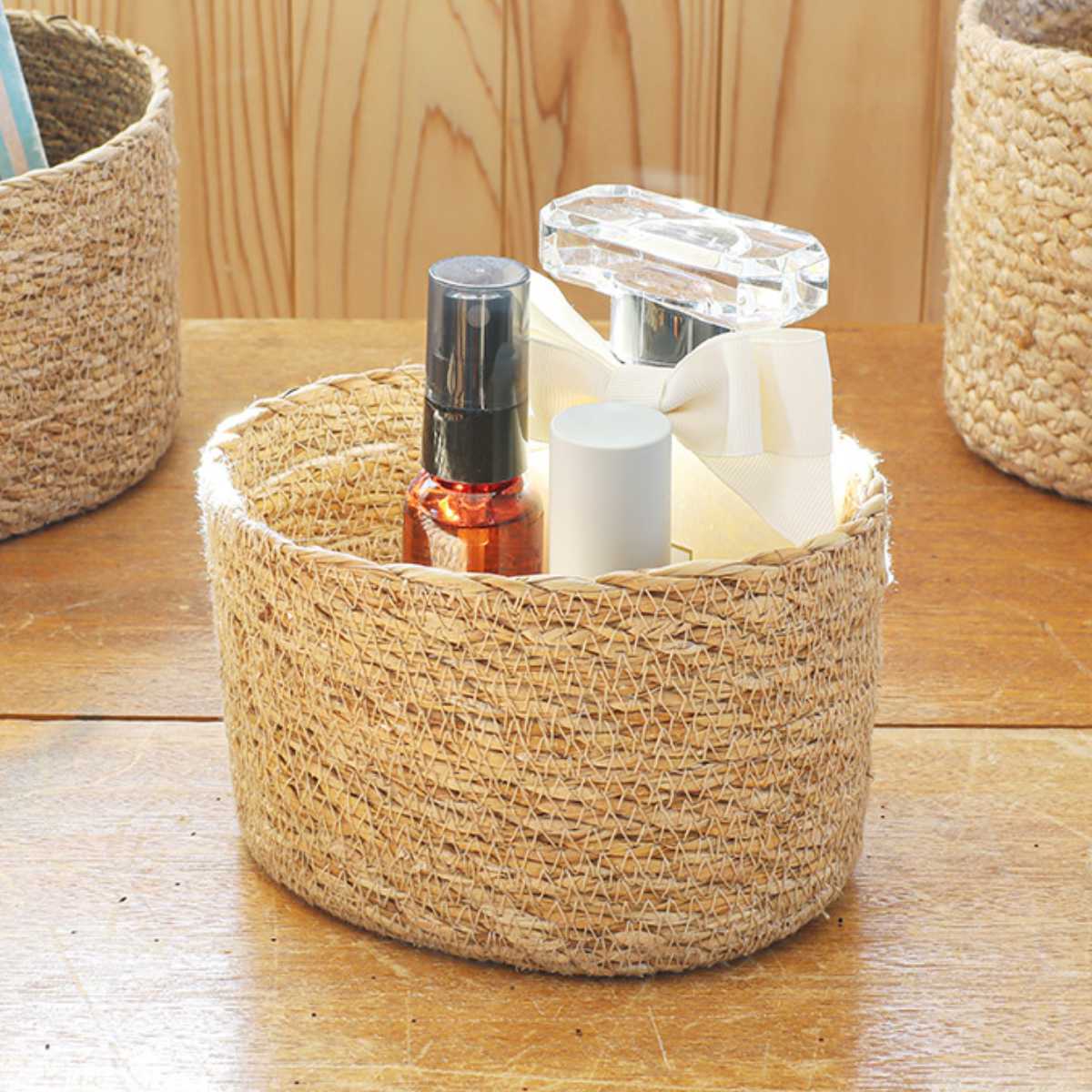 かご バスケット ナチュラルシーグラス オーバル S ( カゴ 収納 小物収納 シーグラス ハンドメイド 籠 小物ケース 収納バスケット 水草 ナチュラル 手編み 手作り )