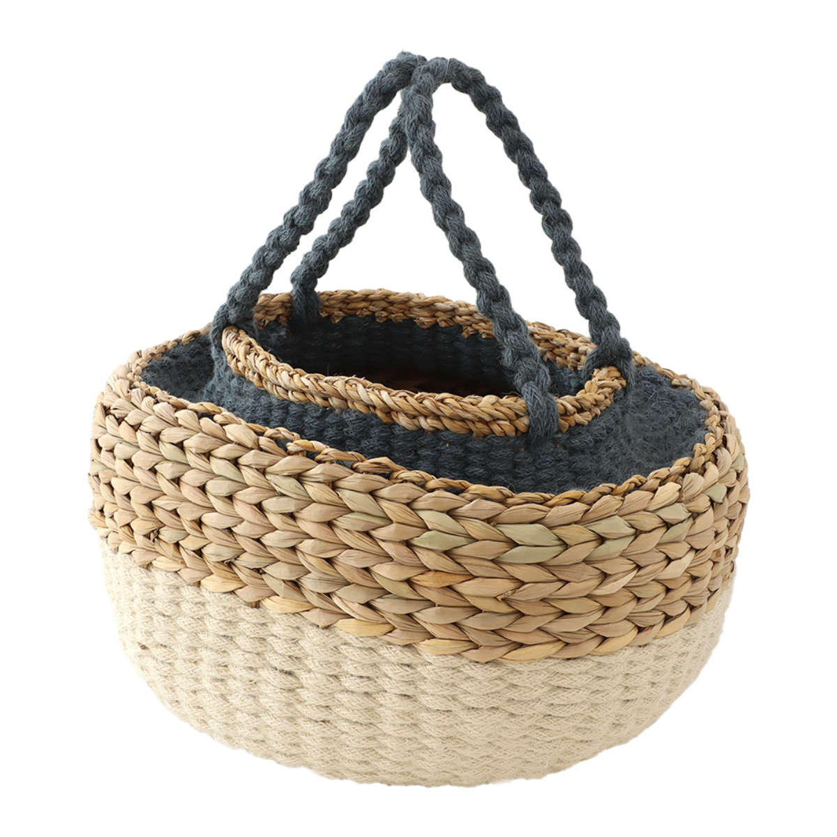 かご バスケット ジュート&シーグラス 持ち手付き ( カゴ 収納 小物収納 ジュート シーグラス ハンドメイド 籠 小物ケース 収納バスケット 麻 水草 ナチュラル 手編み 手作り )