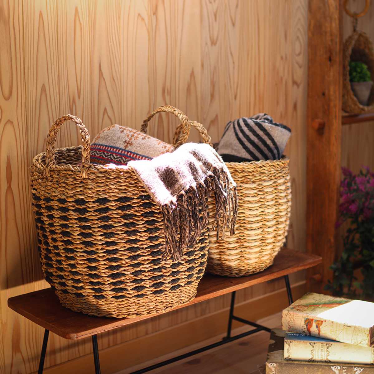 かごバッグ Uシェイプバスケット M L 2個組 持ち手 ( バスケット カゴ 収納 小物収納 ジュート シーグラス ハンドメイド 籠 小物ケース 収納バスケット 麻 水草 ナチュラル 手編み 手作り )