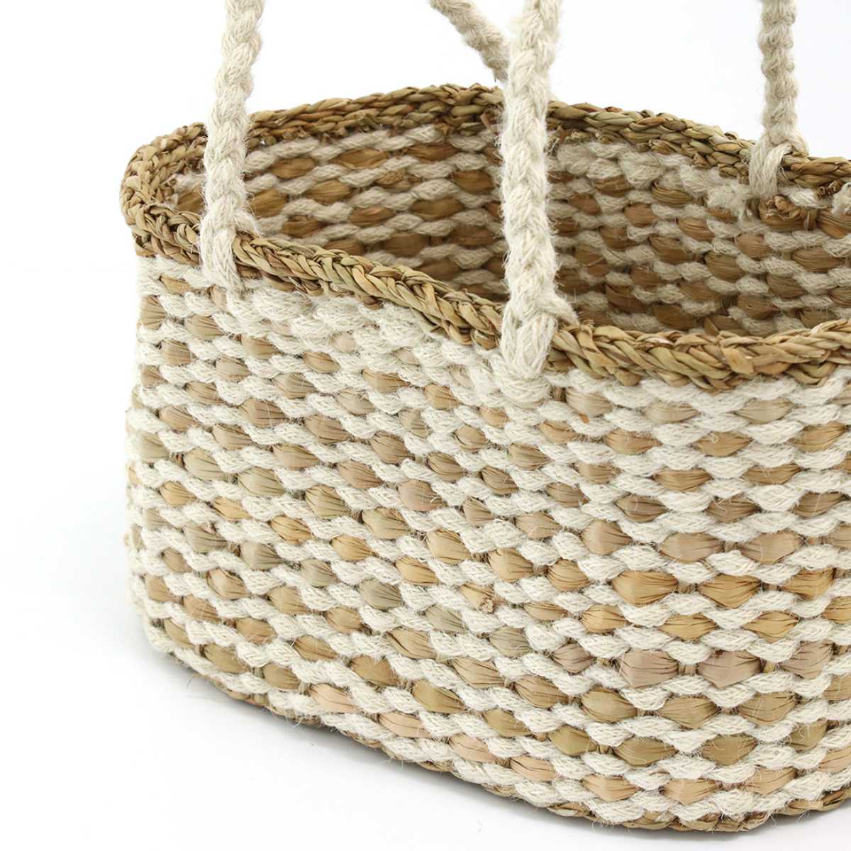 かご オーバル ロングハンドルバスケット 持ち手 ( バスケット カゴ 収納 小物収納 ジュート シーグラス ハンドメイド 籠 小物ケース 収納バスケット 麻 水草 ナチュラル 手編み 手作り )