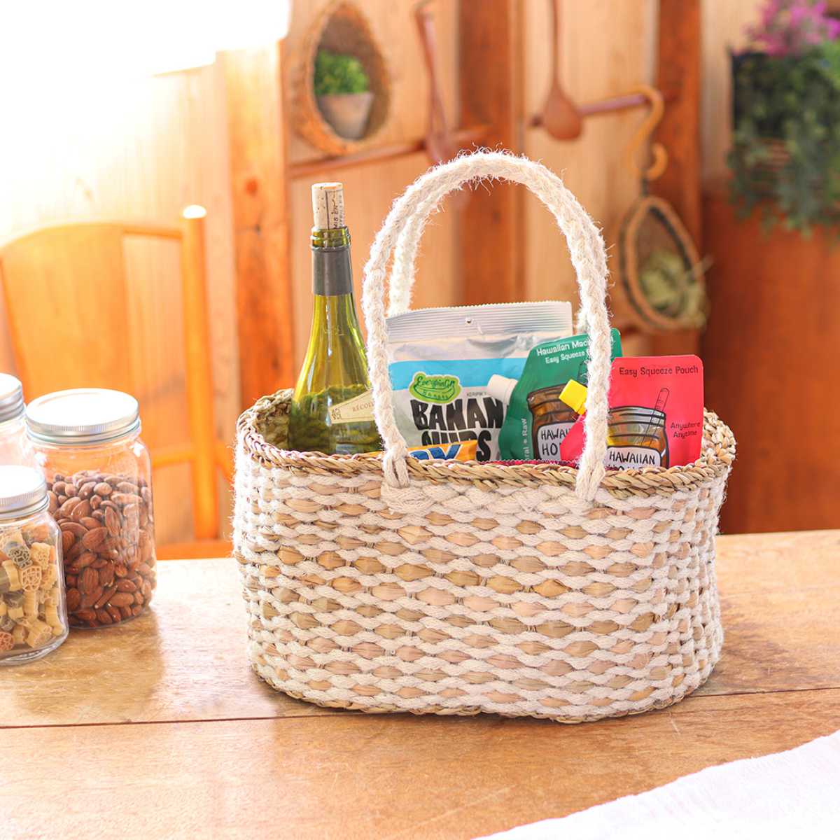 かご オーバル ロングハンドルバスケット 持ち手 ( バスケット カゴ 収納 小物収納 ジュート シーグラス ハンドメイド 籠 小物ケース 収納バスケット 麻 水草 ナチュラル 手編み 手作り )