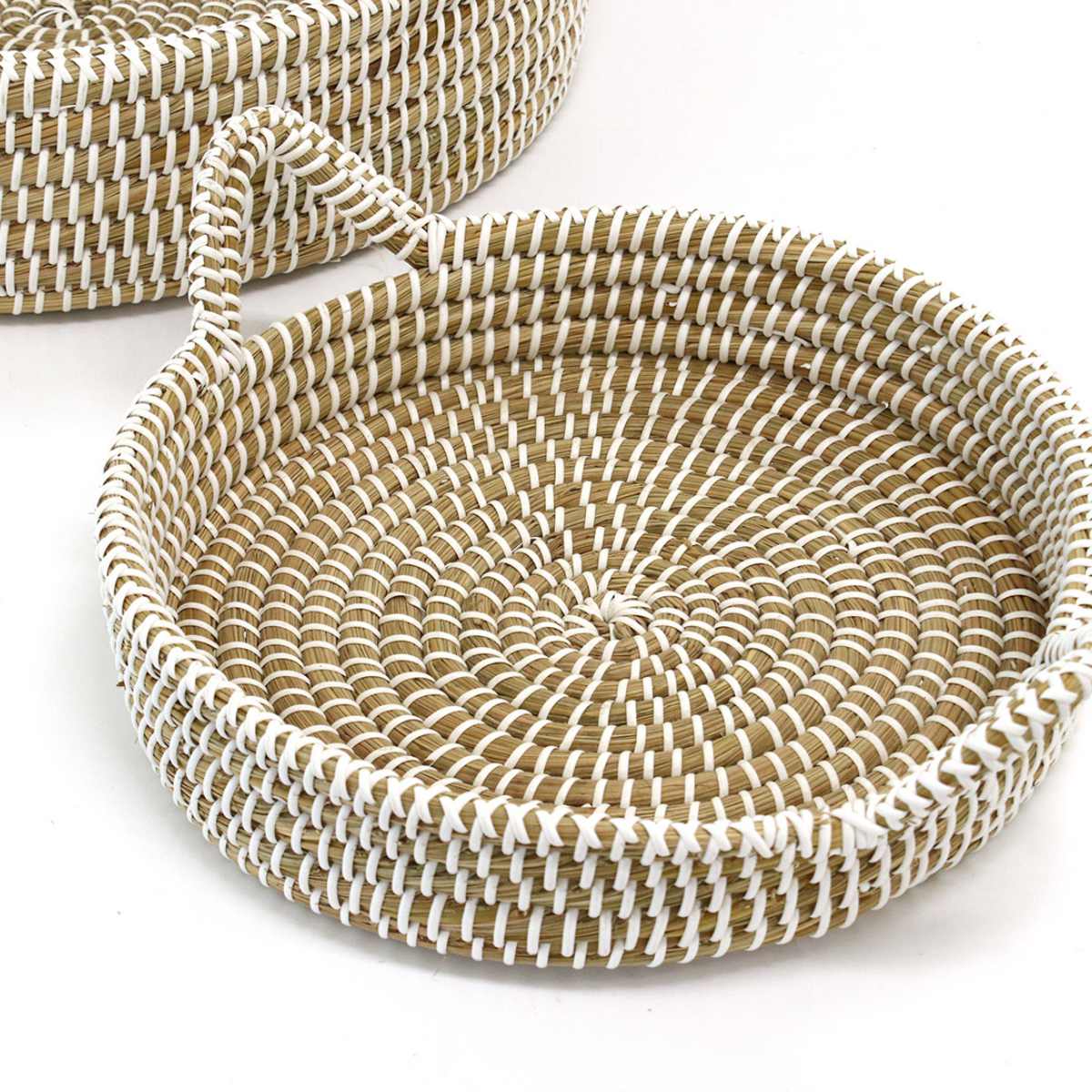 かご ラウンドバスケット S M L 3個組 持ち手 ( バスケット カゴ 収納 小物収納 シーグラス ハンドメイド 籠 小物ケース 収納バスケット トレー トレイ 水草 ナチュラル 手編み 手作り )