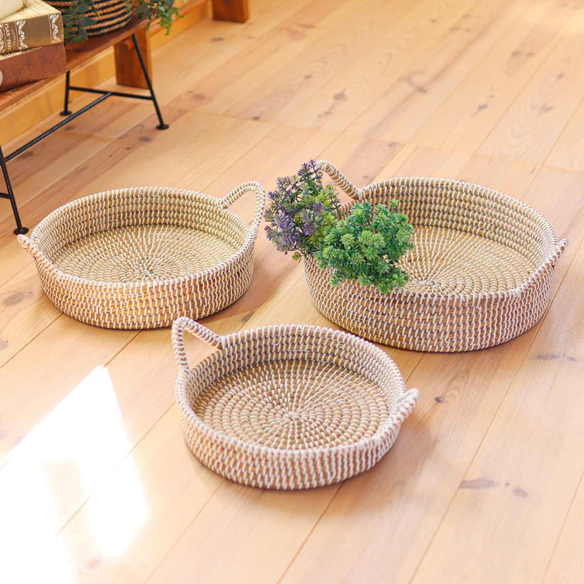 かご ラウンドバスケット S M L 3個組 持ち手 ( バスケット カゴ 収納 小物収納 シーグラス ハンドメイド 籠 小物ケース 収納バスケット トレー トレイ 水草 ナチュラル 手編み 手作り )