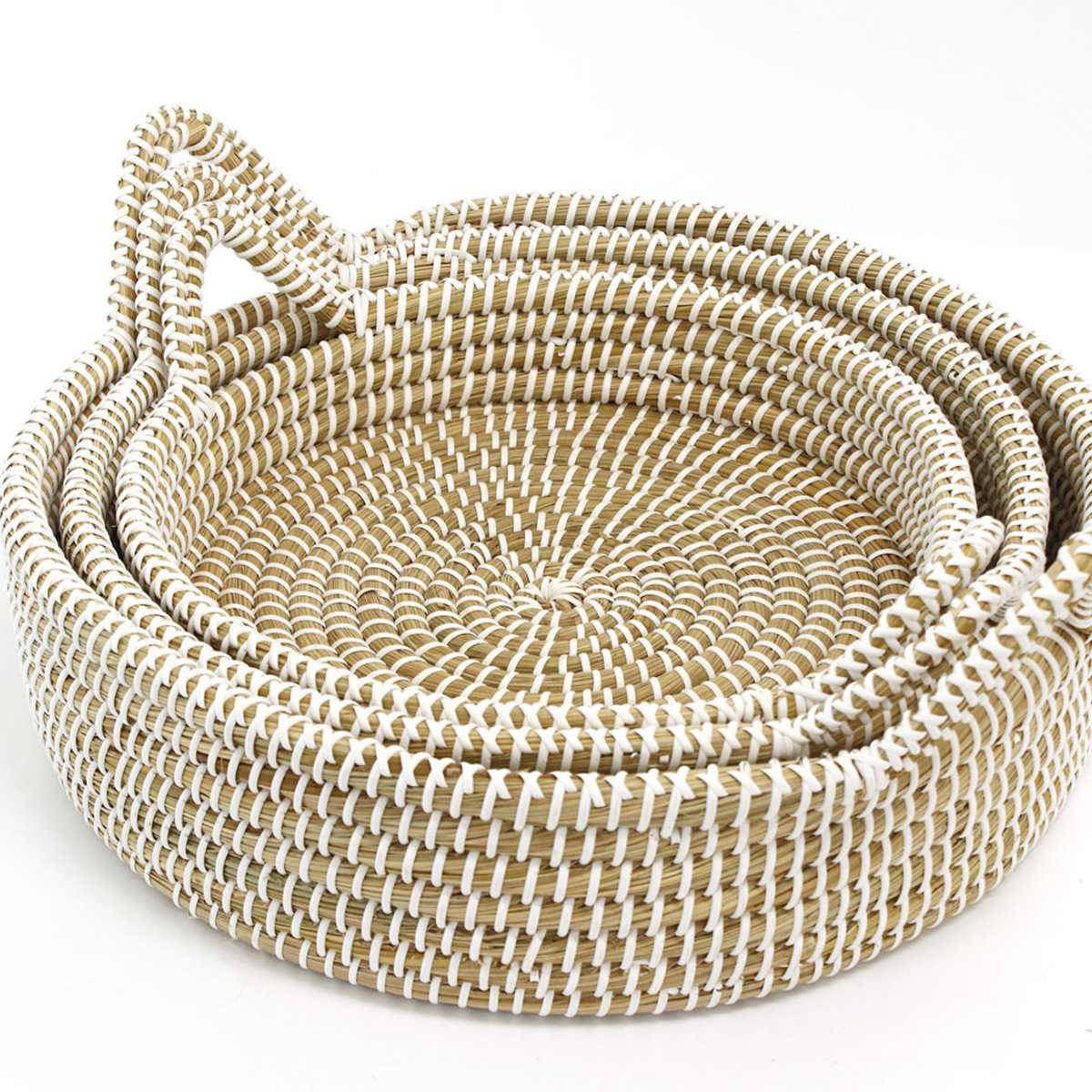 かご ラウンドバスケット S M L 3個組 持ち手 ( バスケット カゴ 収納 小物収納 シーグラス ハンドメイド 籠 小物ケース 収納バスケット トレー トレイ 水草 ナチュラル 手編み 手作り )