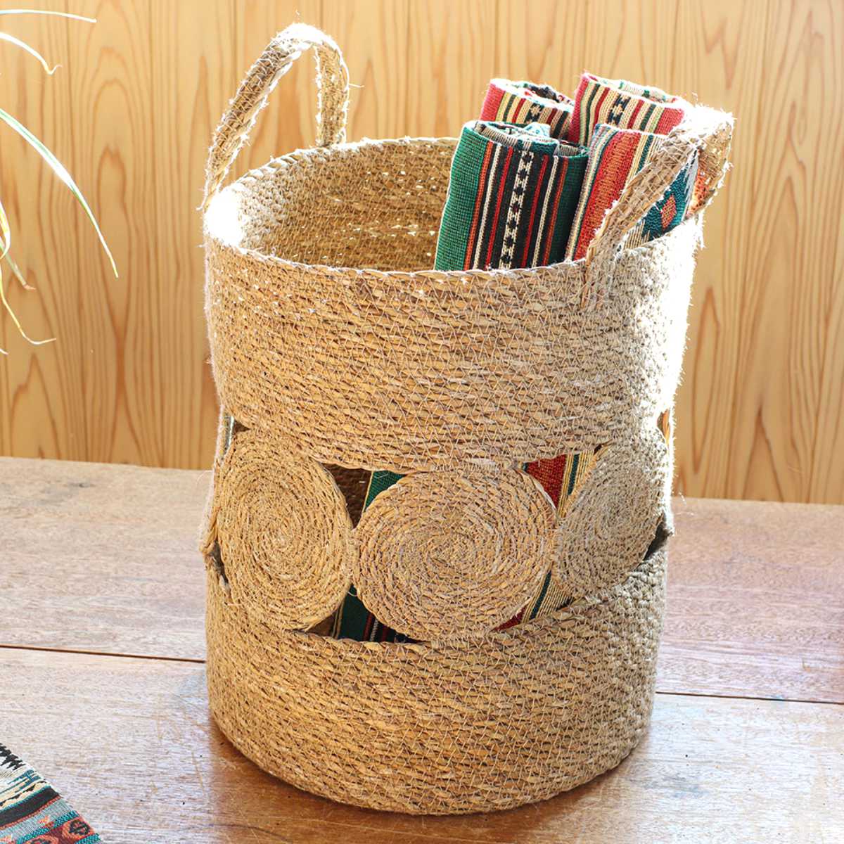 かご バスケット シーグラス シリンダーデザイン 持ち手 （ カゴ 収納 小物収納 ハンドメイド 籠 小物ケース 収納バスケット 水草 ナチュラル 手編み 手作り ）