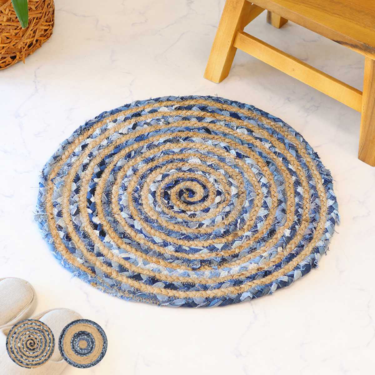 玄関マット ラウンド ジュートデニムマット 室内 ( マット 円形 デニム ジュート ラグ 幅50cm 玄関 アクセントマット フロアマット 丸 デニムマット インテリア 敷き物 リビング おしゃれ 端切れ 再利用 エコマット ラグマット ) 【サークル】