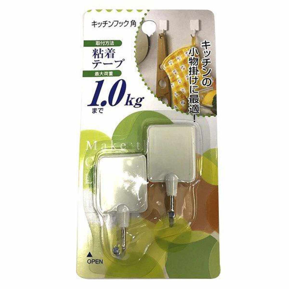 フック 粘着 角 キッチンフック 2個入り （ 粘着テープ 収納 壁掛け 引っ掛け 壁 タイル ガラス 吊り下げ キッチン収納 耐荷重1kg ）