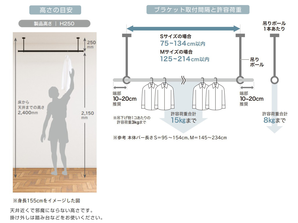 室内物干し ランドリーバー TOSO LB1セット Sサイズ 高さ25cm ( 室内物干しセット 物干し竿 吊り下げ物干し 吊り下げ 物干し ポール 竿 室内干し 天井 吊り下げ金具 竿セット コンパクト 収納 壁収納 シンプル ) 【ブラック】 ブラック